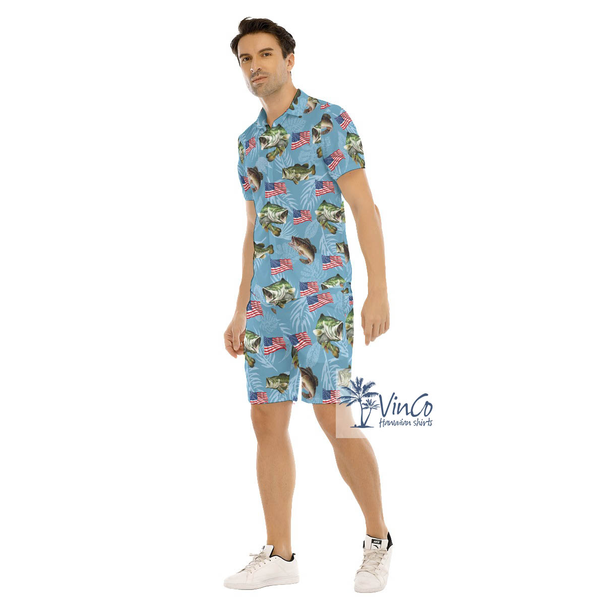 Set American Flag Fish Blue Hawaiian Shirt And Matching Shorts For Men