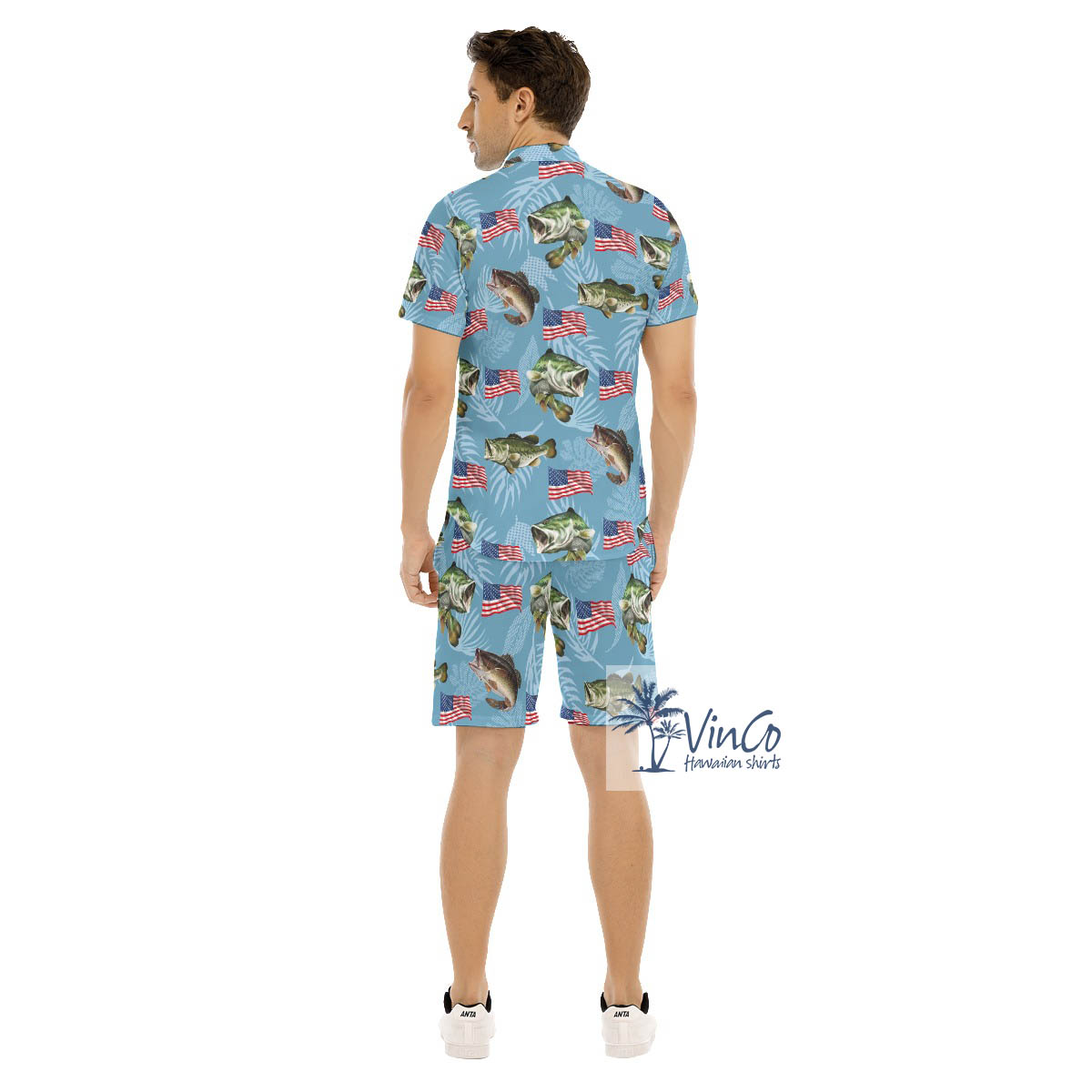 Set American Flag Fish Blue Hawaiian Shirt And Matching Shorts For Men