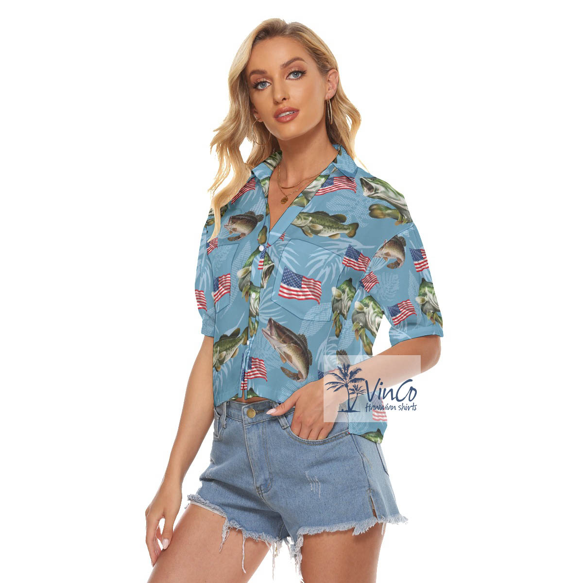 Women's American Flag Fish Hawaiian Crop Top Shirt