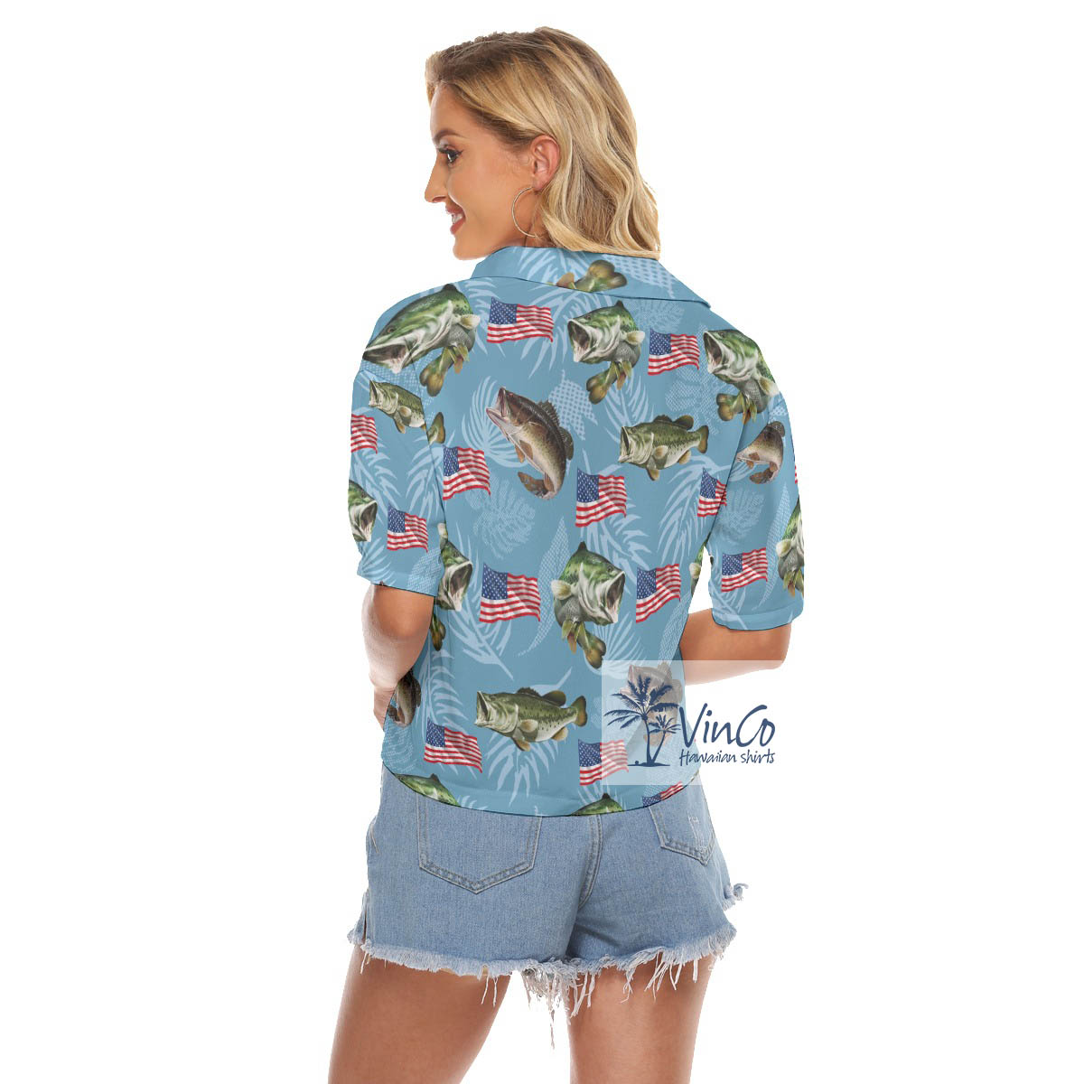 Women's American Flag Fish Hawaiian Crop Top Shirt