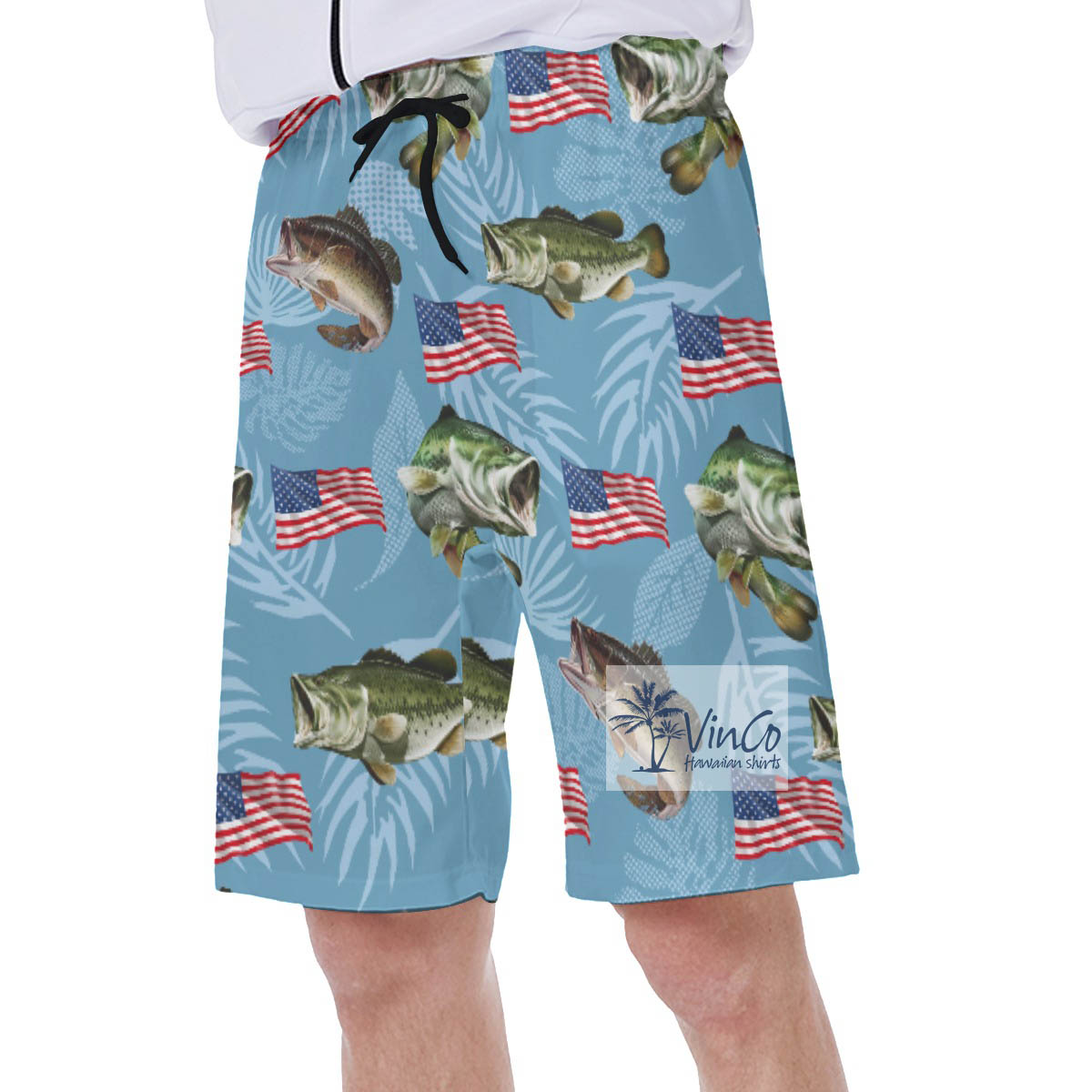 Funny American Flag Fish Hawaiian Swim Trunks For Men