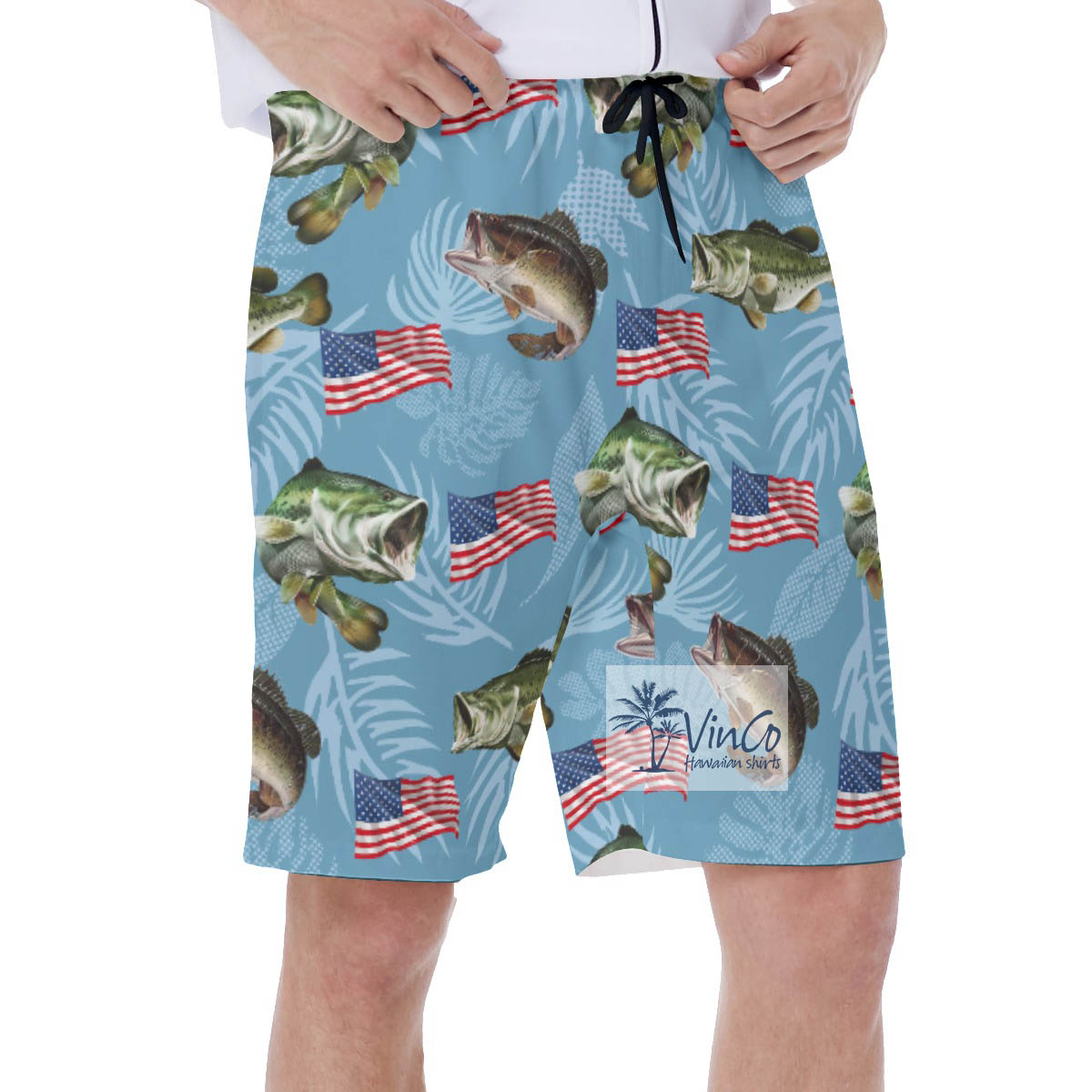 Funny American Flag Fish Hawaiian Swim Trunks For Men