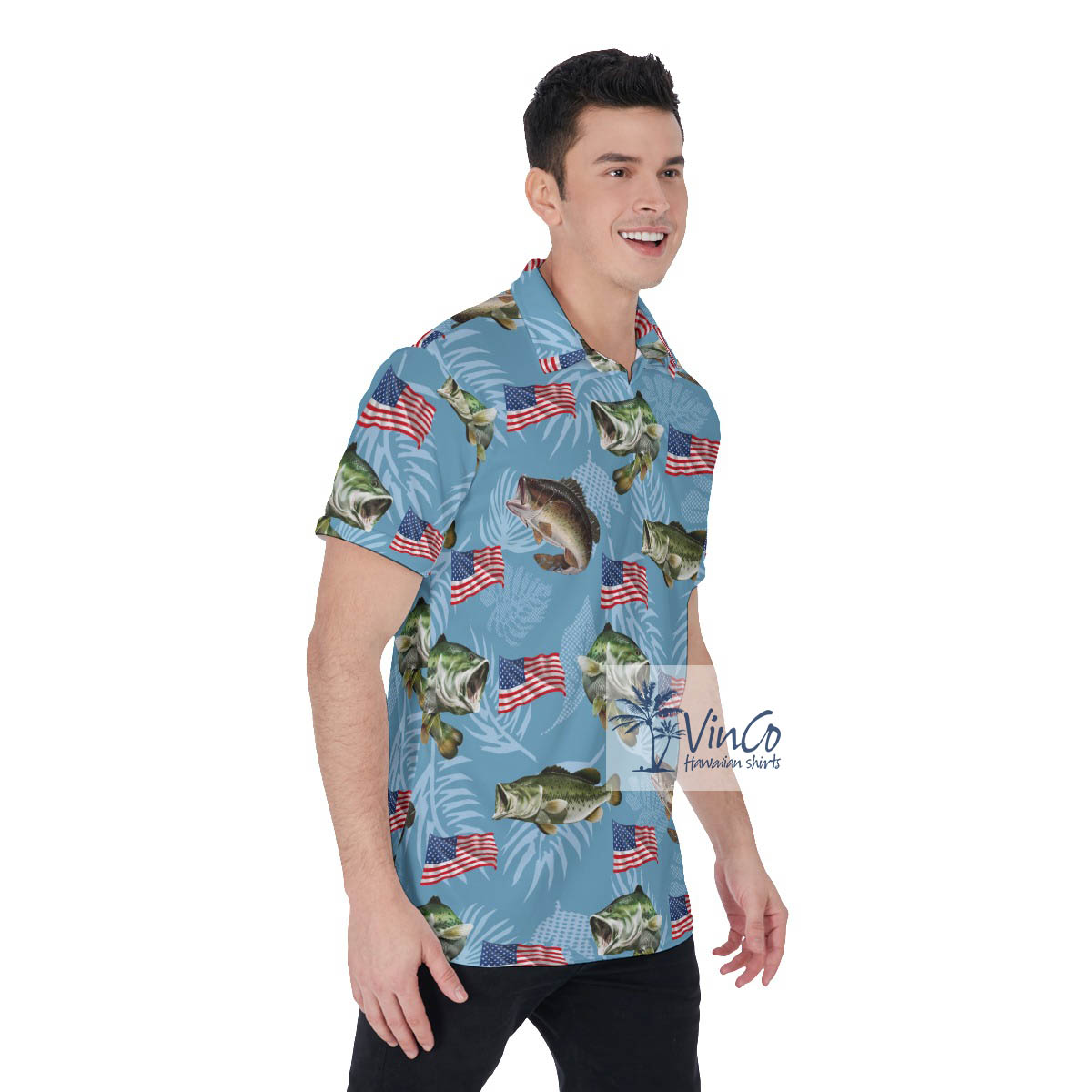 Funny Fish American Flag Blue Hawaiian Polo Shirt