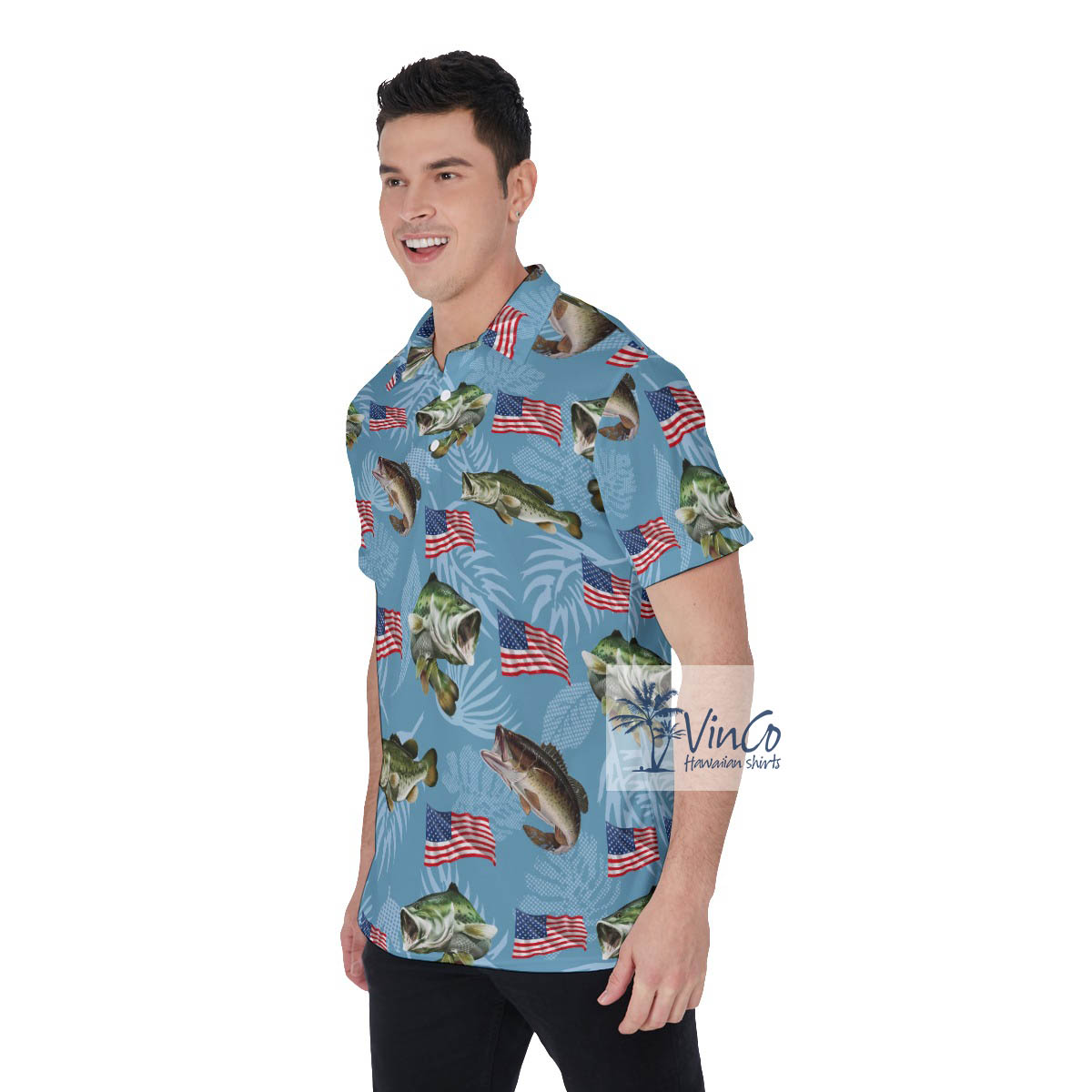Funny Fish American Flag Blue Hawaiian Polo Shirt