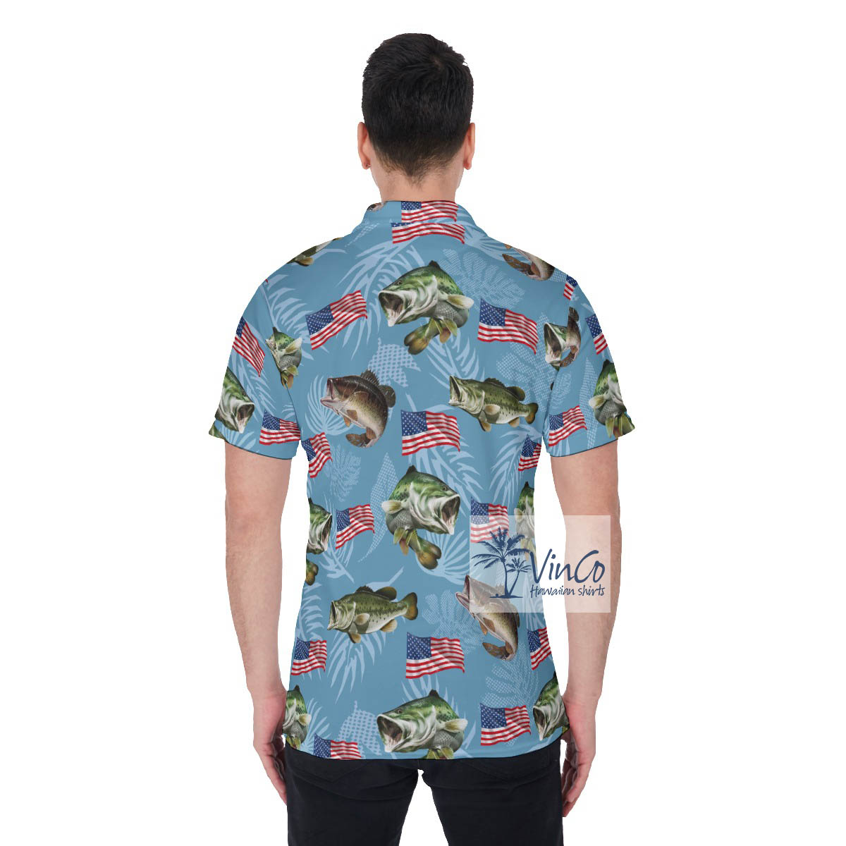 Funny Fish American Flag Blue Hawaiian Polo Shirt