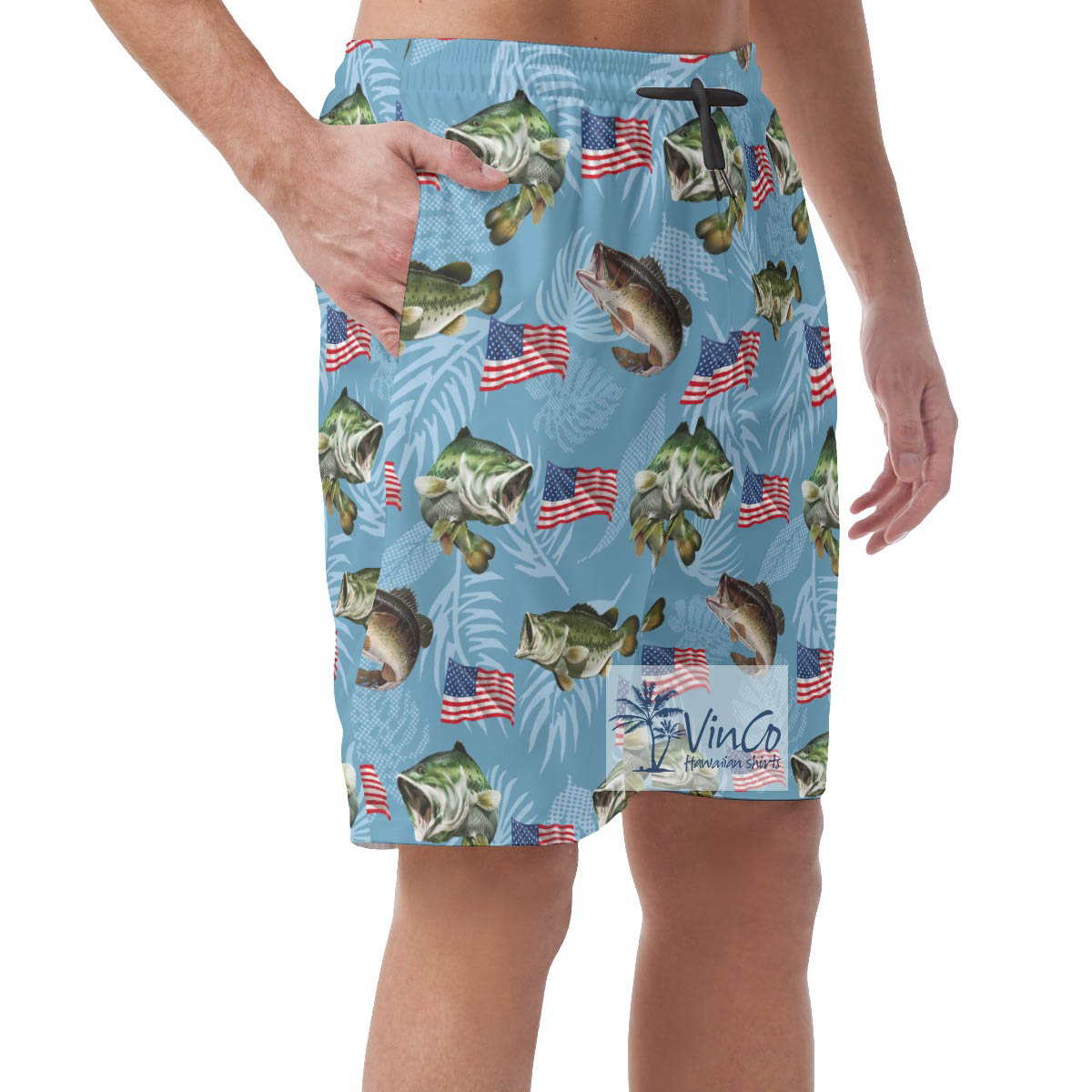 Blue Fish And American Flag Hawaiian Beach Shorts For Men