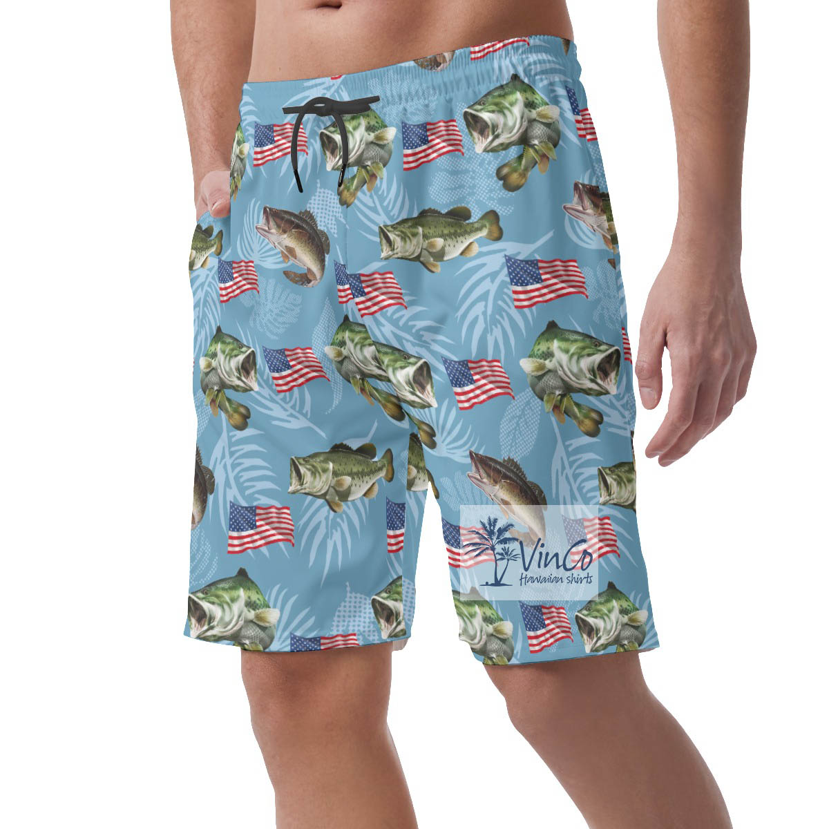 Blue Fish And American Flag Hawaiian Beach Shorts For Men