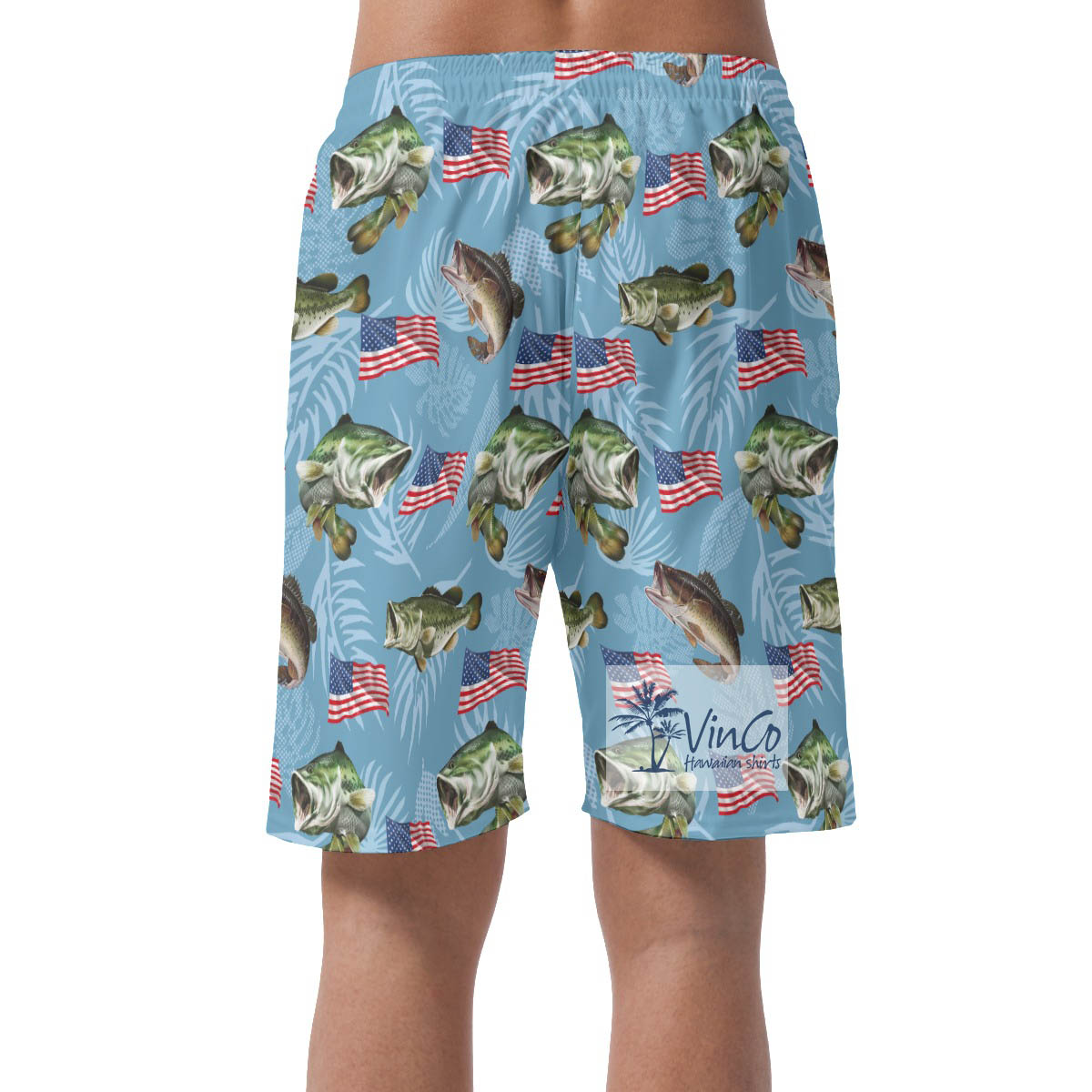 Blue Fish And American Flag Hawaiian Beach Shorts For Men
