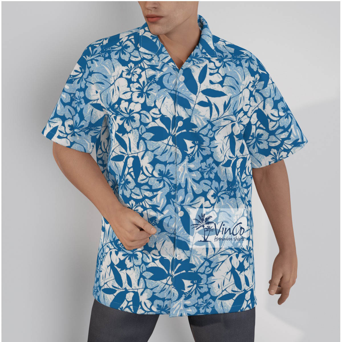 Vintage Flowers Blue Cotton Hawaiian Shirt For Men