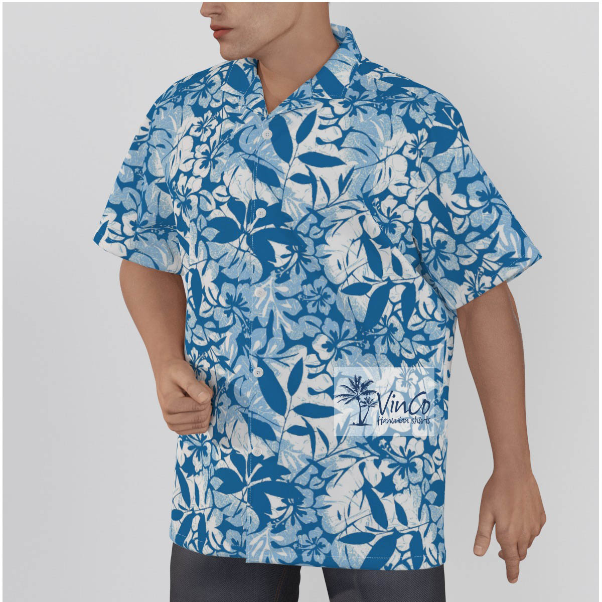 Vintage Flowers Blue Cotton Hawaiian Shirt For Men