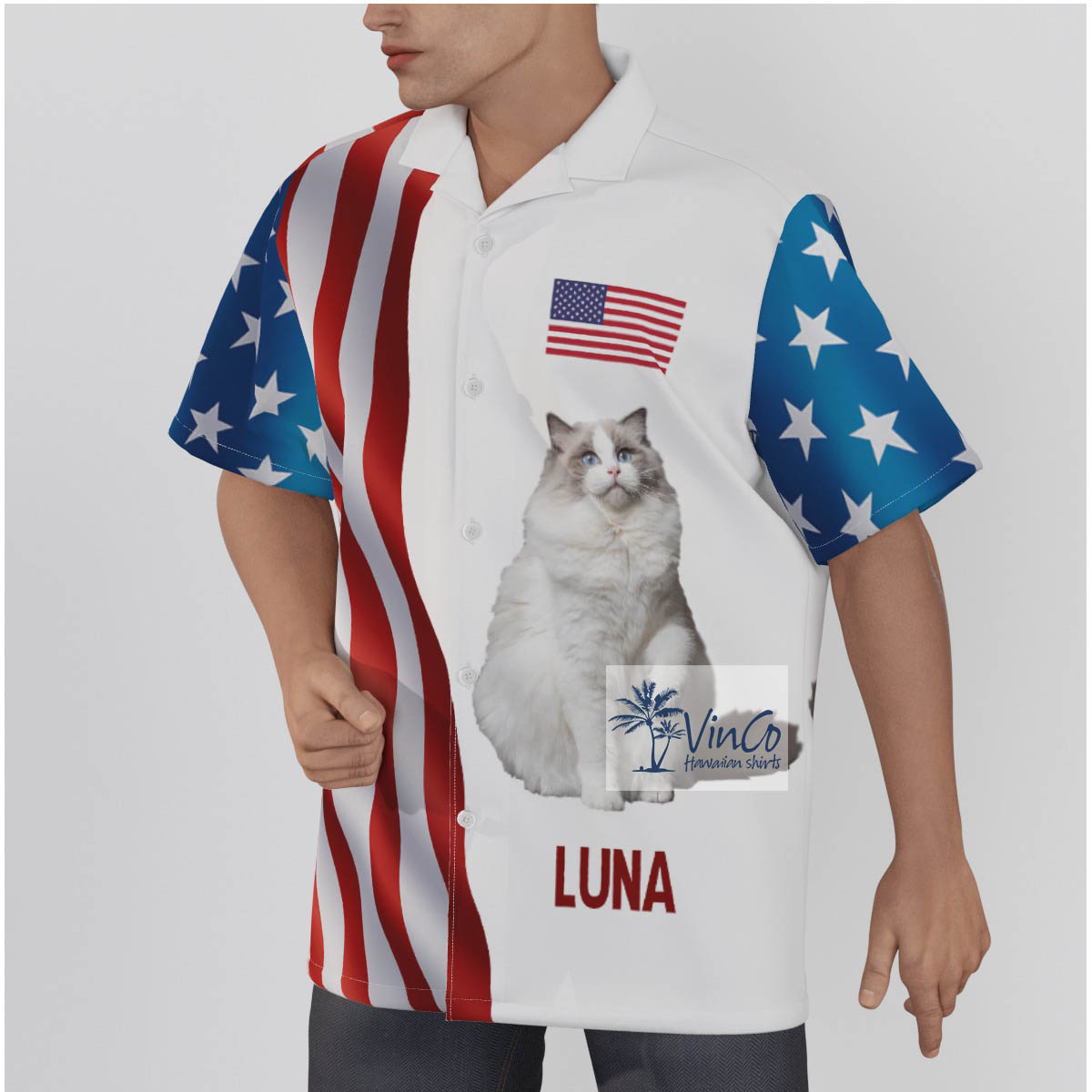 Custom Cat Patriotic Hawaiian Shirt With Name For Men