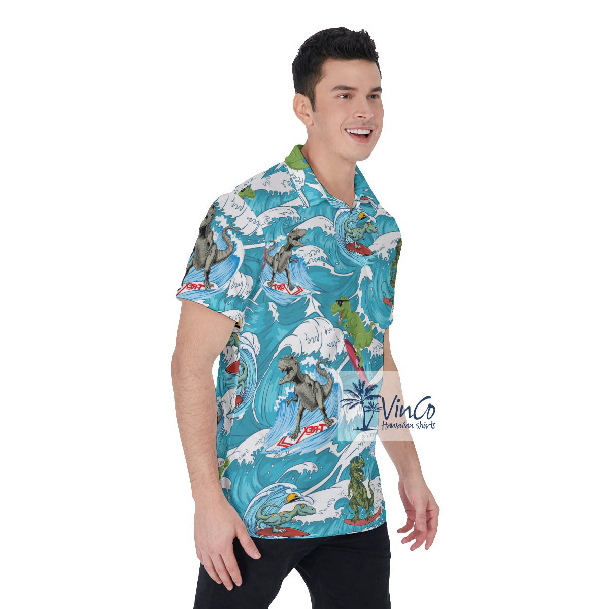 Funny Dinosaur Surfing Hawaiian Golf Shirt Polo For Men