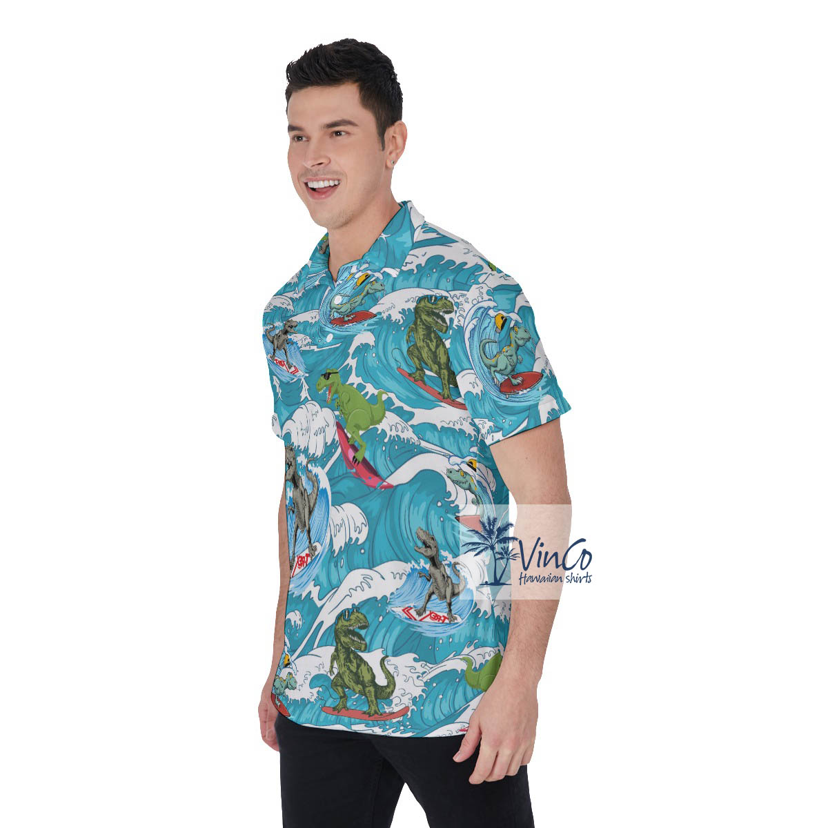 Funny Dinosaur Surfing Hawaiian Golf Shirt Polo For Men