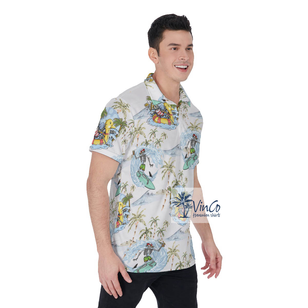 Surfing Skull Skeleton Hawaiian Polo Shirt Golf Shirt