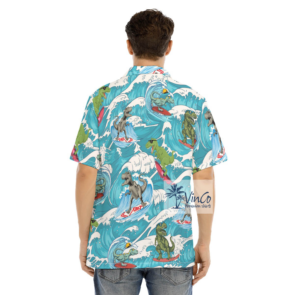 Dinosaur Surfing Hawaiian Button Up Shirt