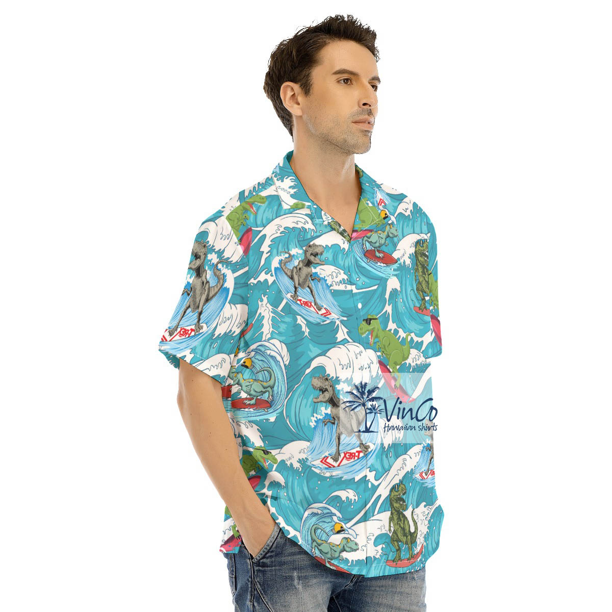 Dinosaur Surfing Hawaiian Button Up Shirt
