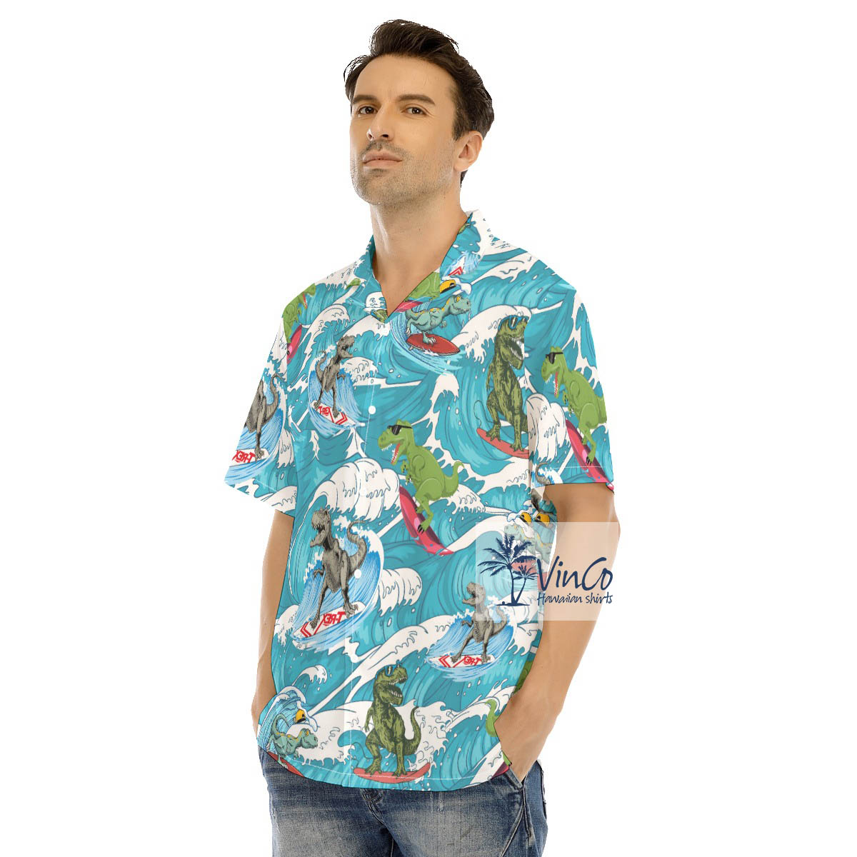 Dinosaur Surfing Hawaiian Button Up Shirt