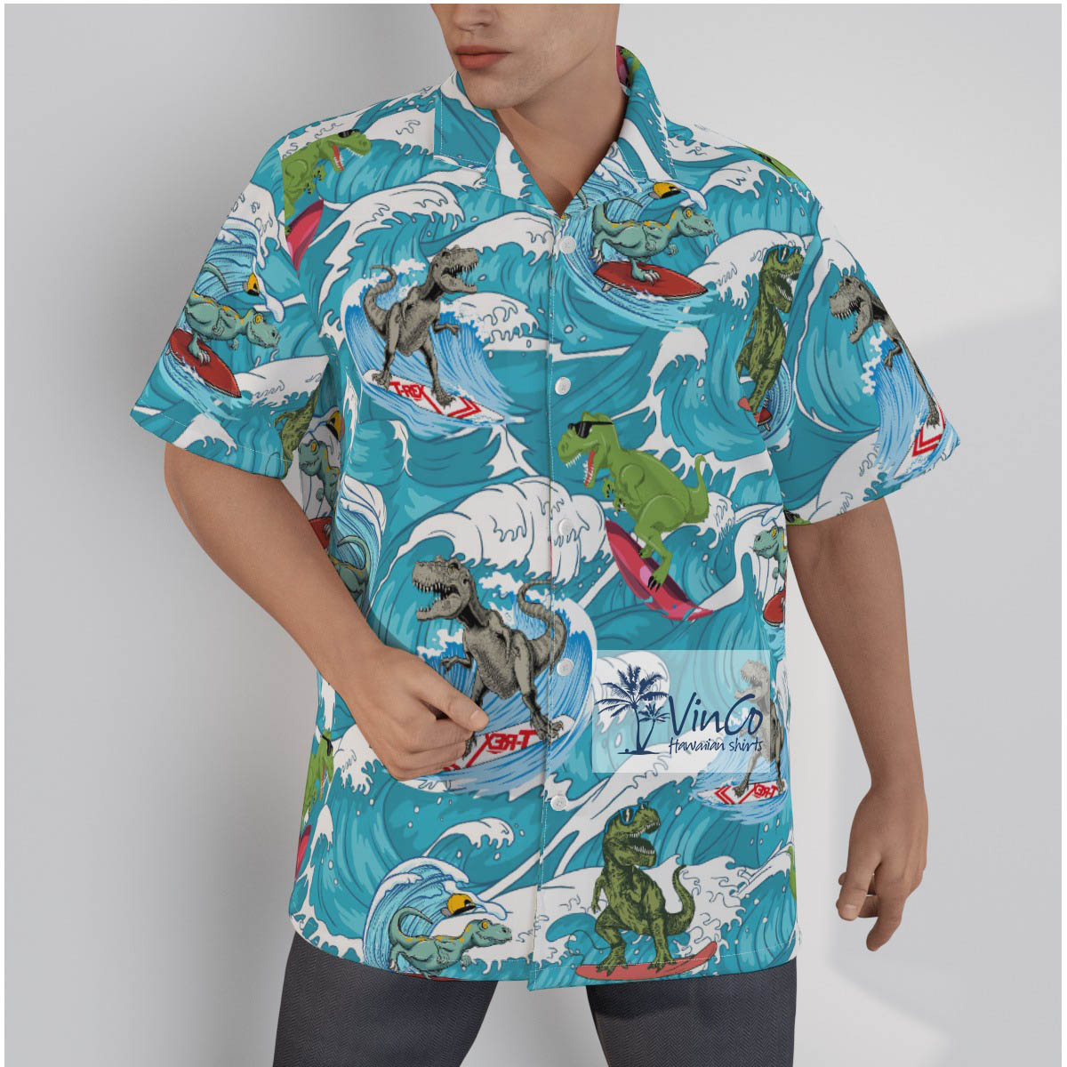 Funny Dinosaur Surfing Cotton Hawaiian Beach Shirt For Men