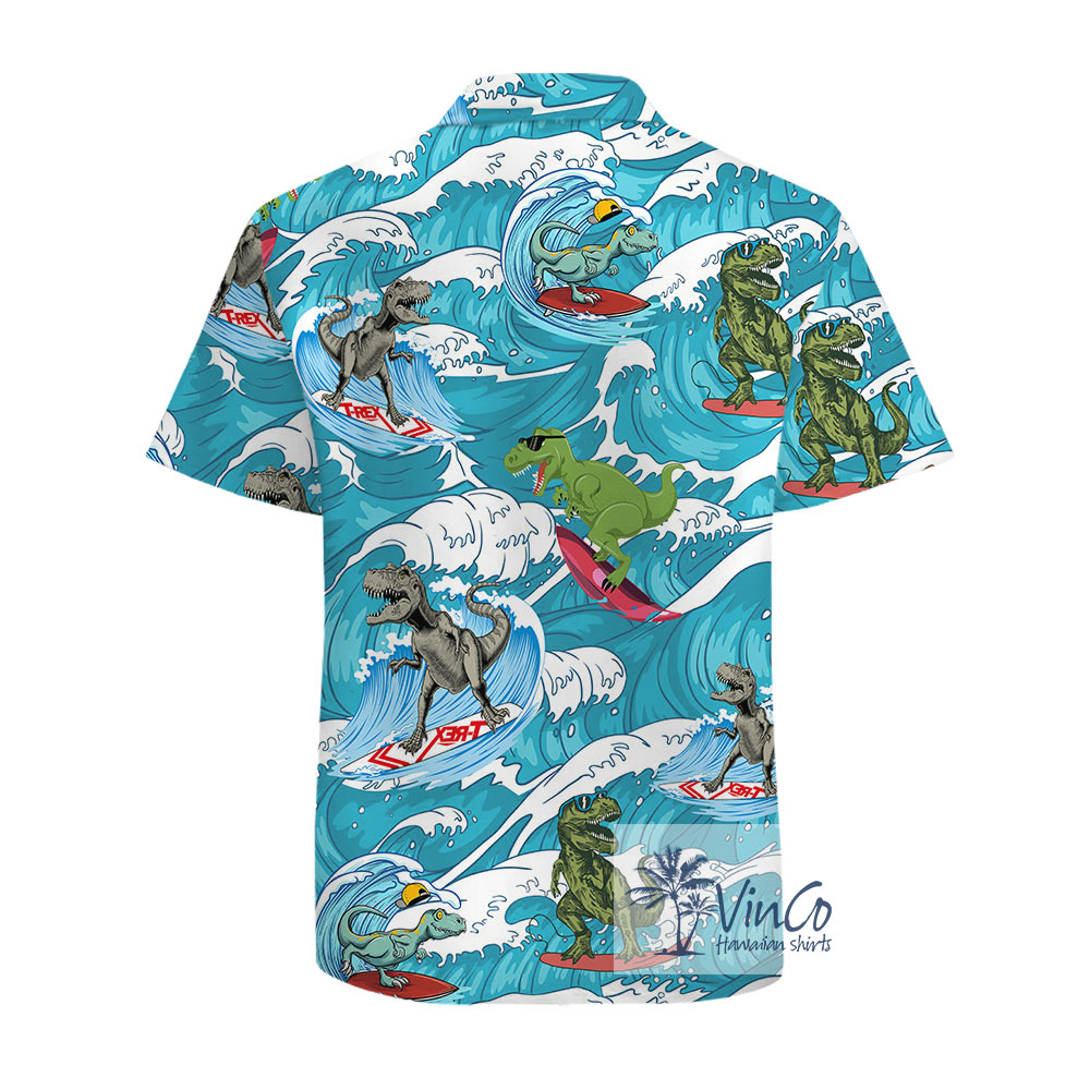 Funny Dinosaur Surfing Cotton Hawaiian Beach Shirt For Men