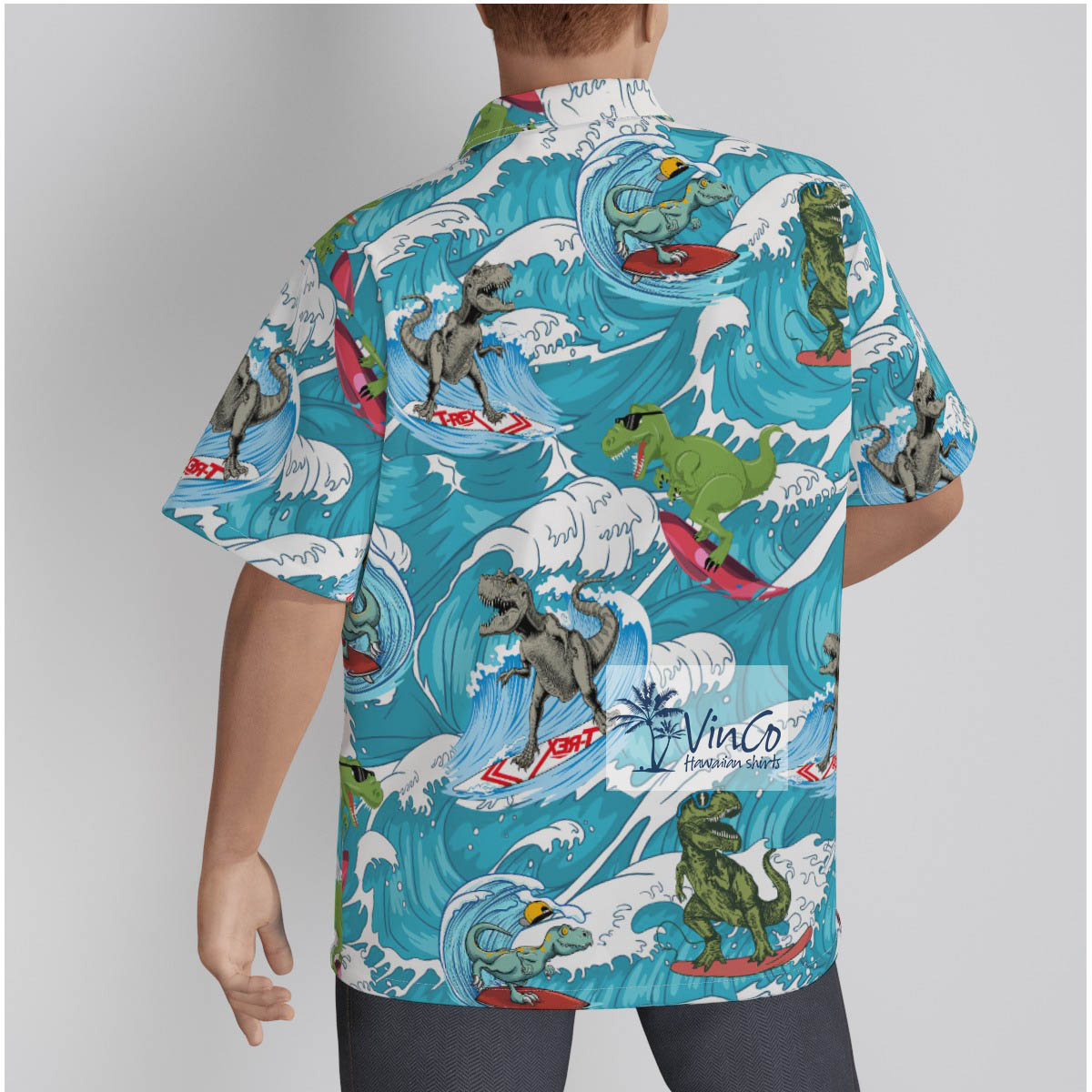 Funny Dinosaur Surfing Cotton Hawaiian Beach Shirt For Men