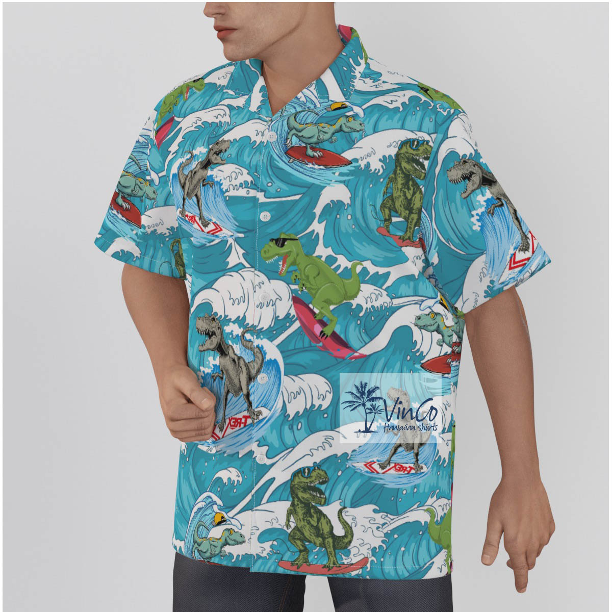 Funny Dinosaur Surfing Cotton Hawaiian Beach Shirt For Men