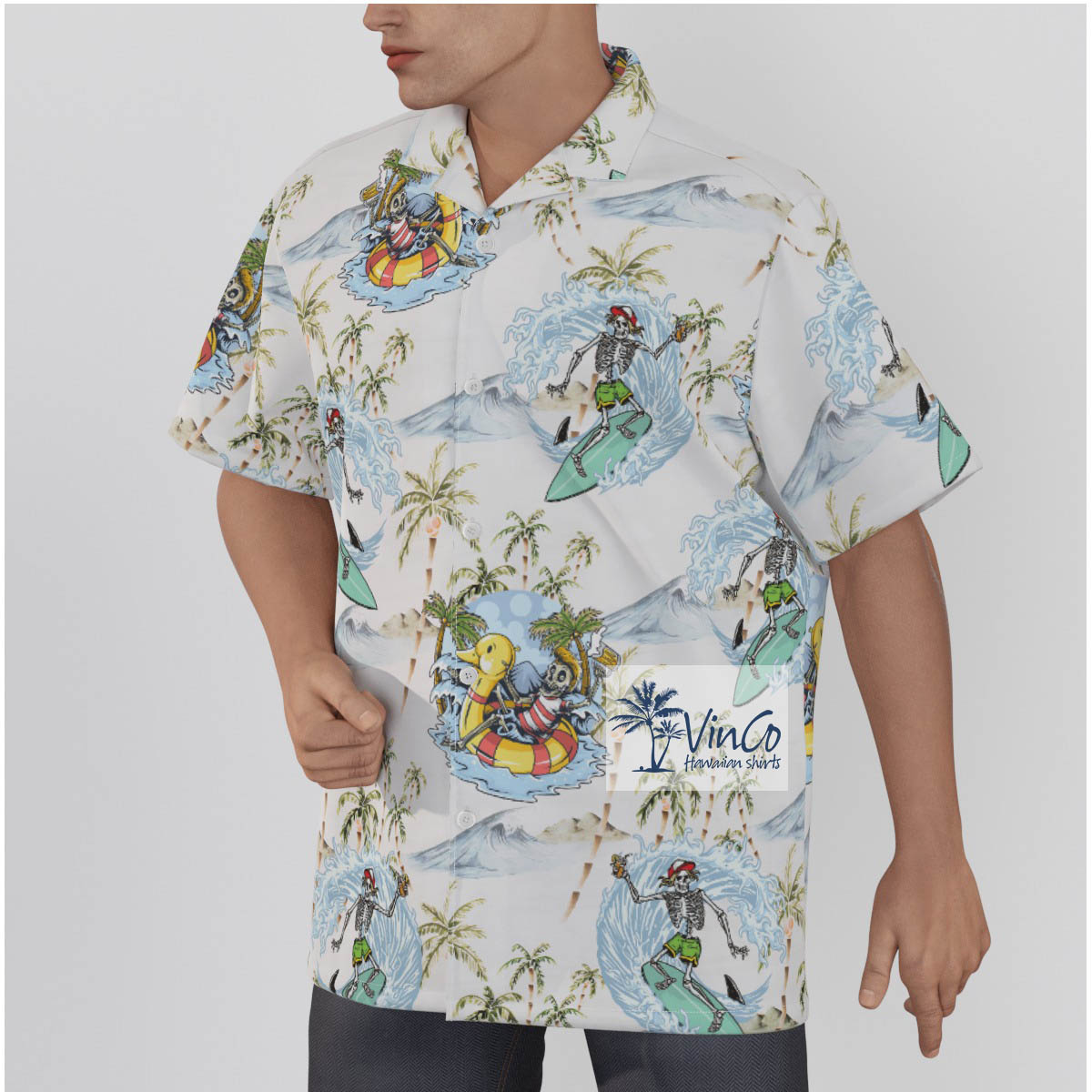 Funny Skull Skeleton Surfing Hawaiian Shirt For Men 100% Cotton