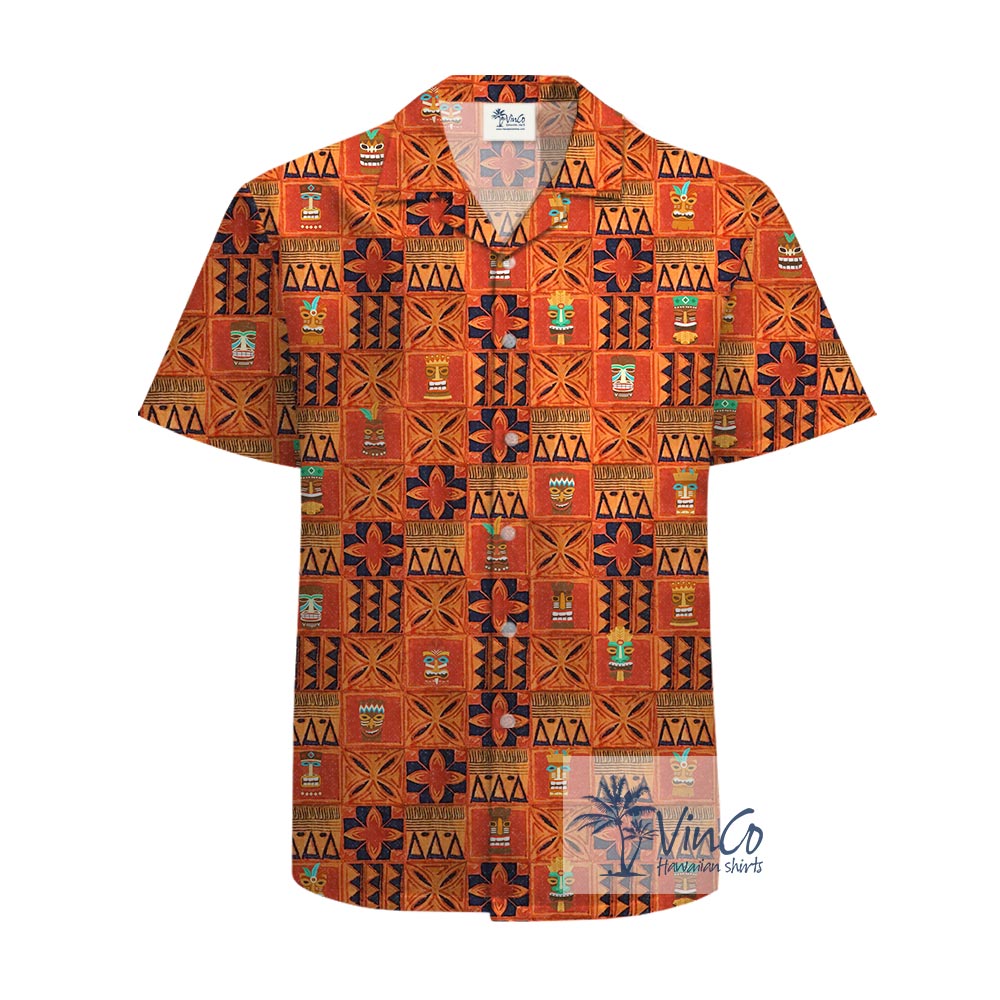 Vintage Orange Tiki Aloha Shirt 100% Cotton - variant image 1