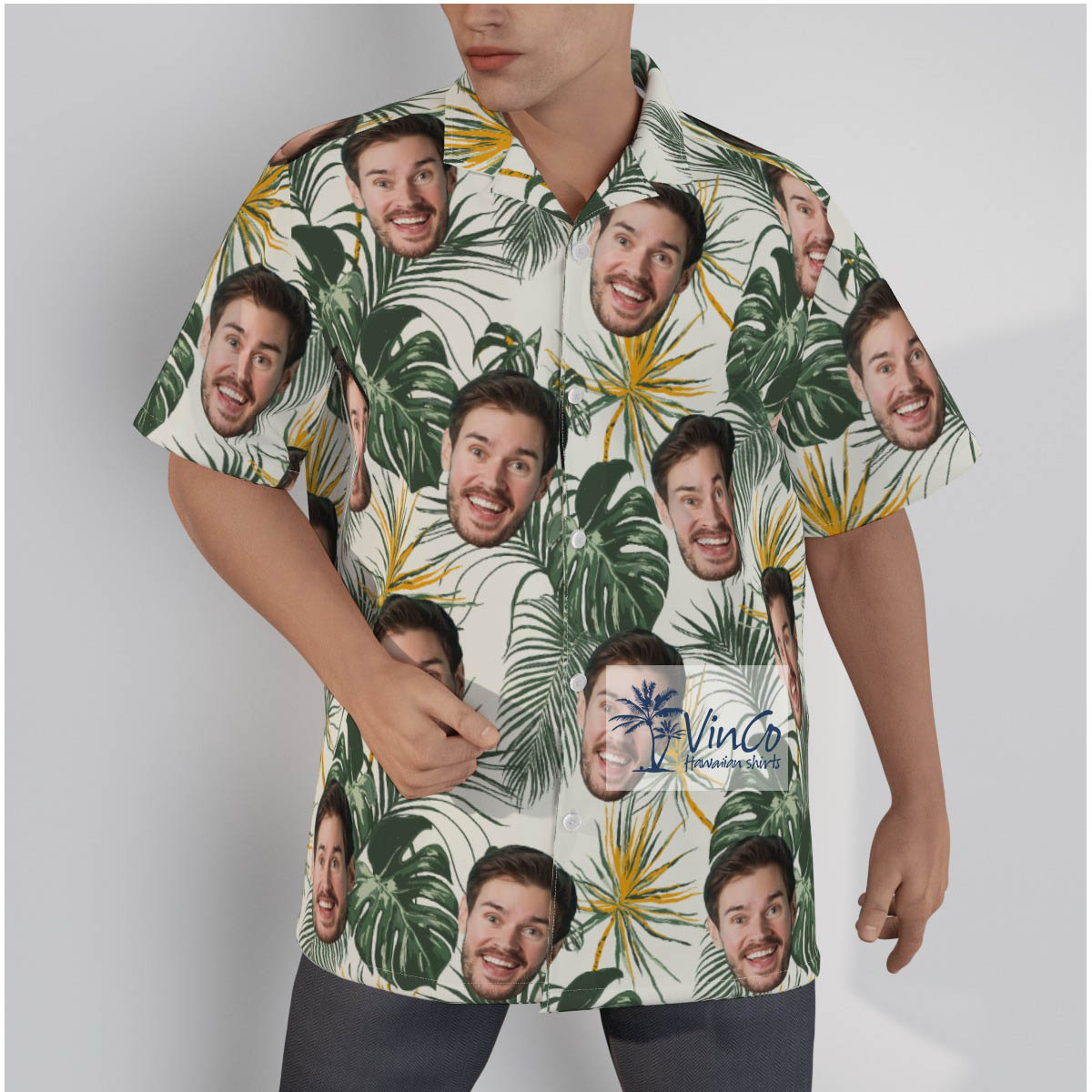 Floral Custom Faces Tropical Collar Button Up Hawaiian Shirt For Men - variant image 1