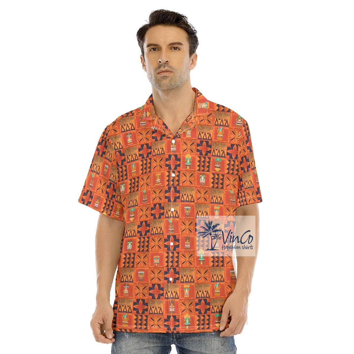 Vintage Orange Tiki Hawaiian Button Up Shirt For Men - variant image 1