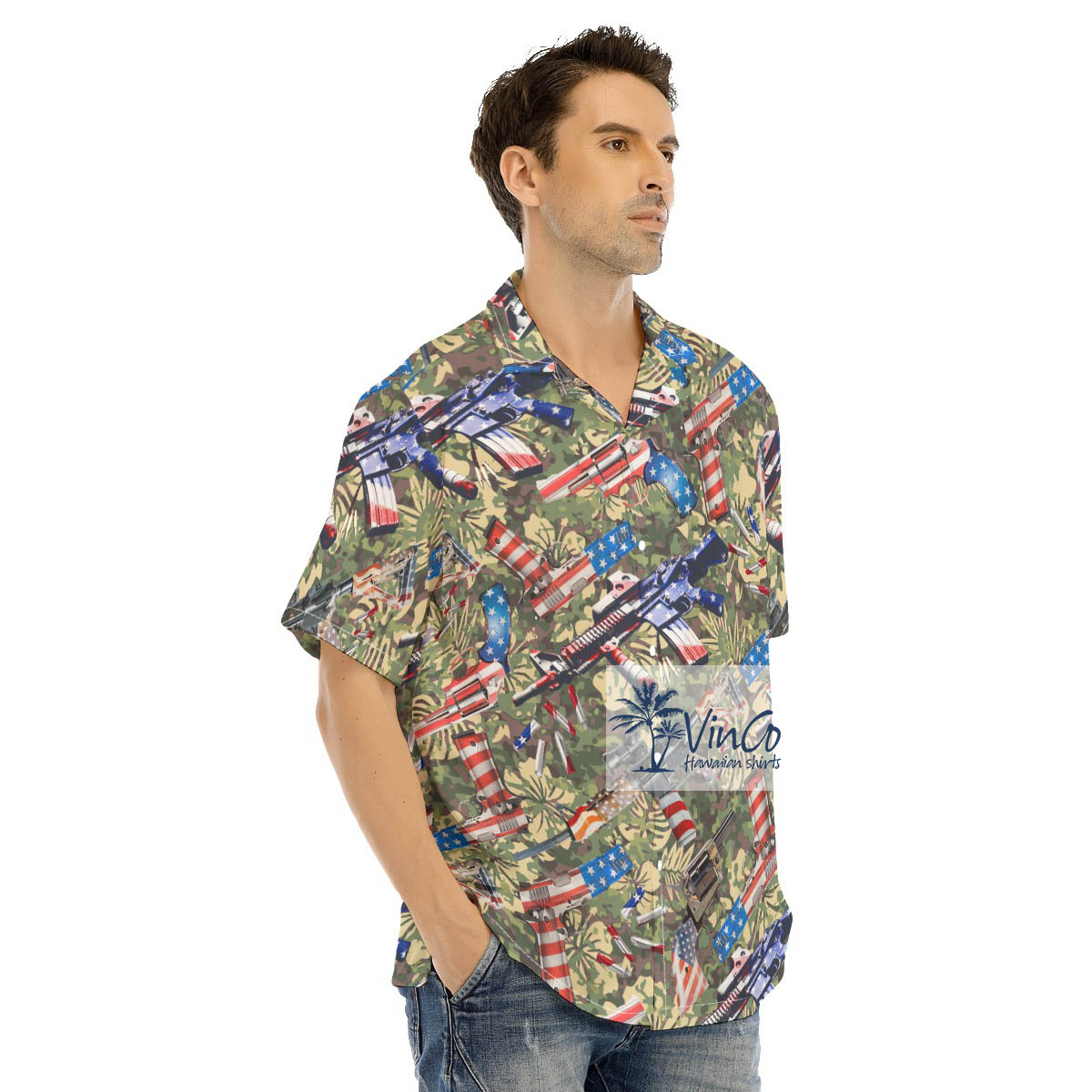 Men's Tactical Gun American Flag Hawaiian Shirt
