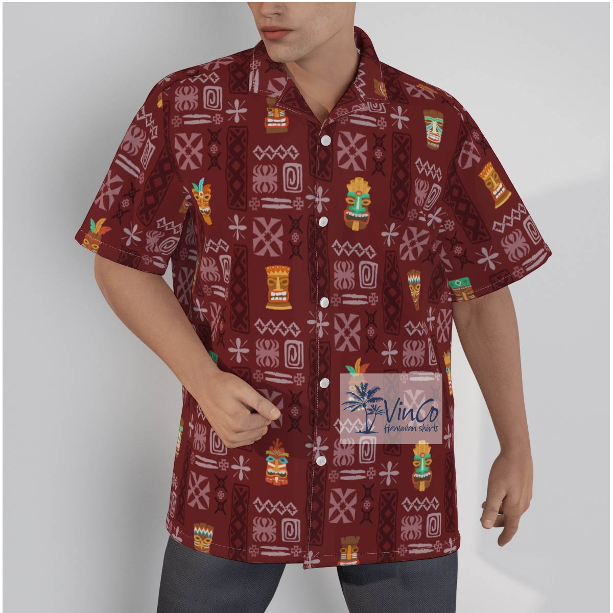 Vintage Red Tiki Cotton Hawaiian Shirt For Men