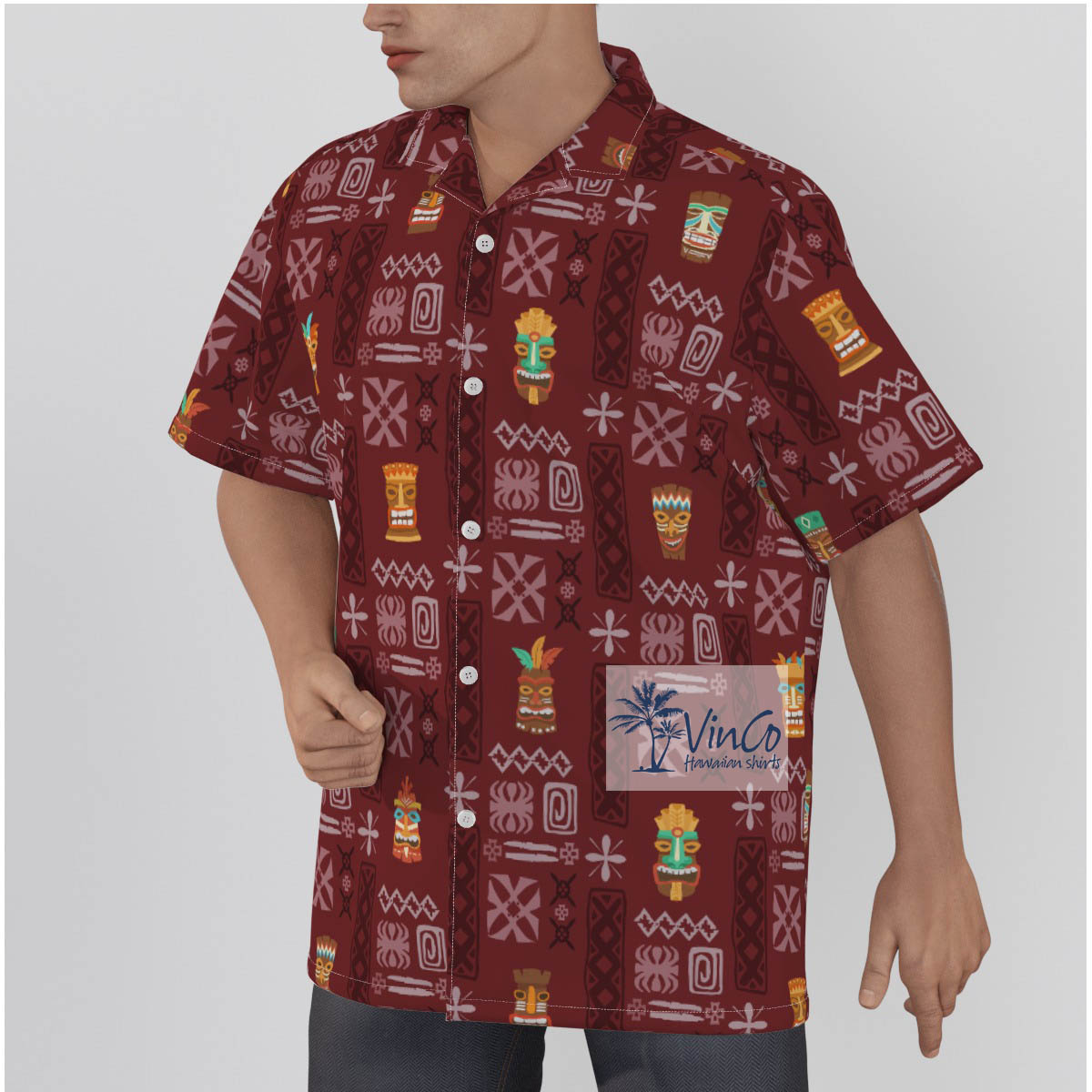 Vintage Red Tiki Cotton Hawaiian Shirt For Men