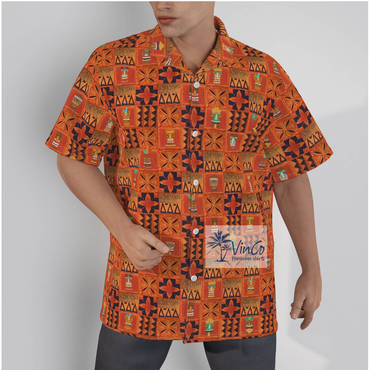 Vintage Orange Tiki Aloha Shirt 100% Cotton