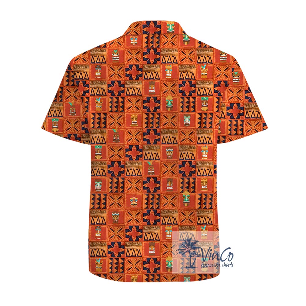 Vintage Orange Tiki Aloha Shirt 100% Cotton
