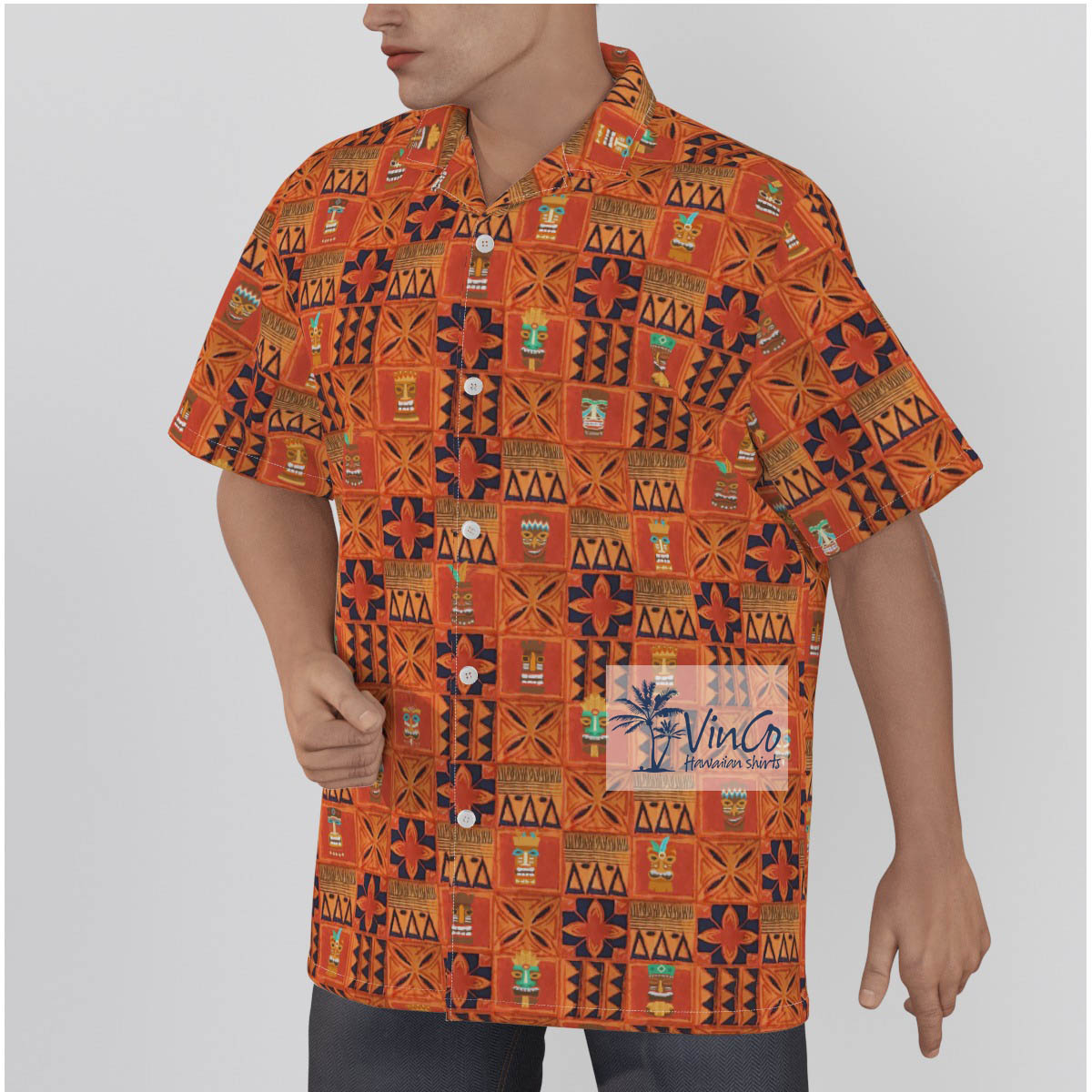 Vintage Orange Tiki Aloha Shirt 100% Cotton
