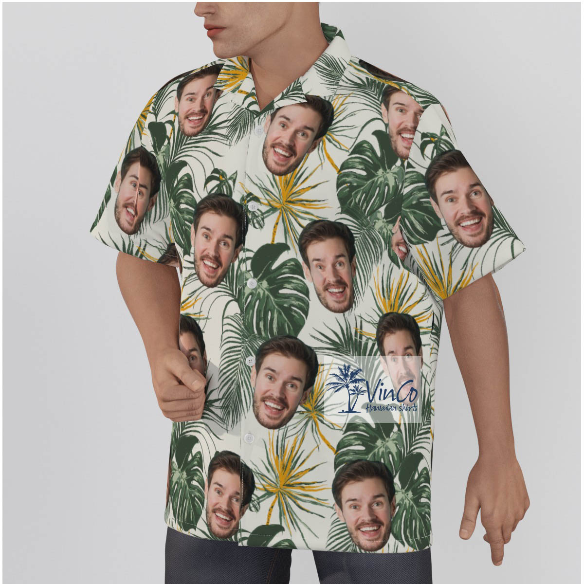 Floral Custom Faces Tropical Collar Button Up Hawaiian Shirt For Men