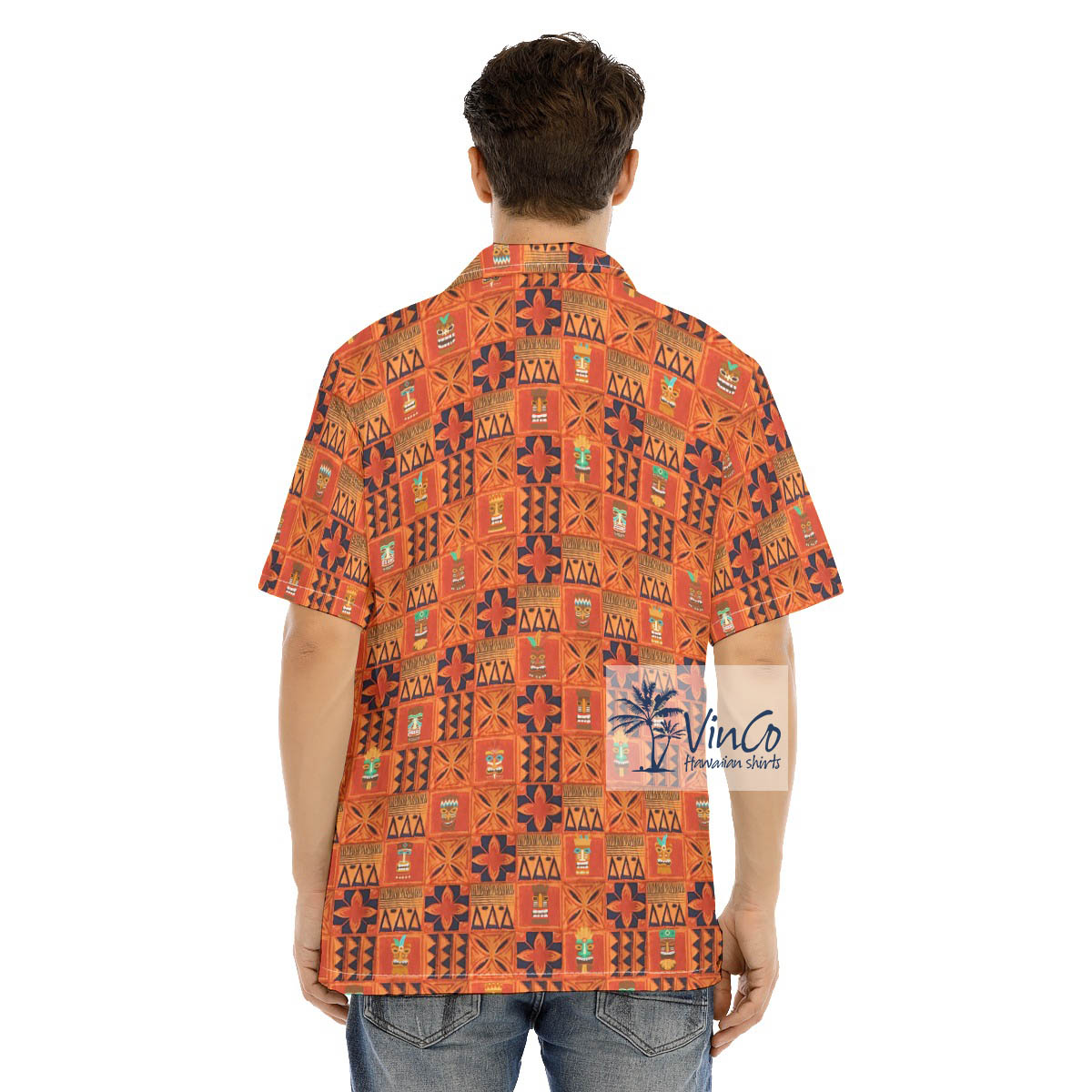 Vintage Orange Tiki Hawaiian Button Up Shirt For Men