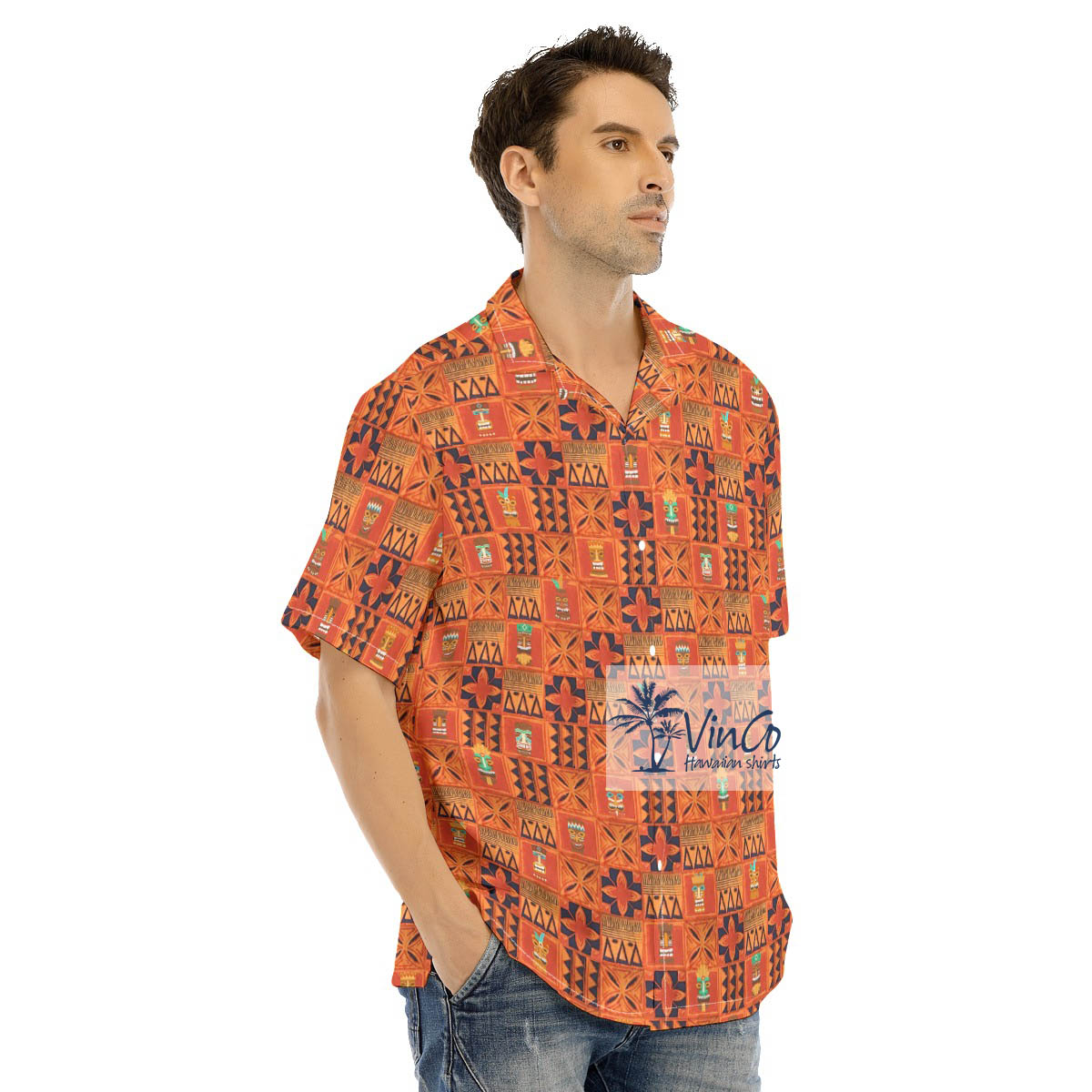 Vintage Orange Tiki Hawaiian Button Up Shirt For Men