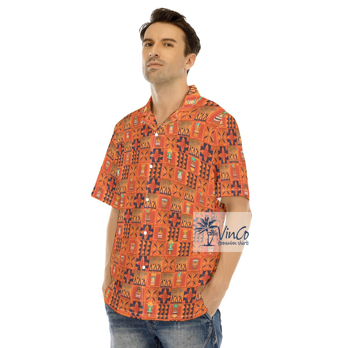 Vintage Orange Tiki Hawaiian Button Up Shirt For Men
