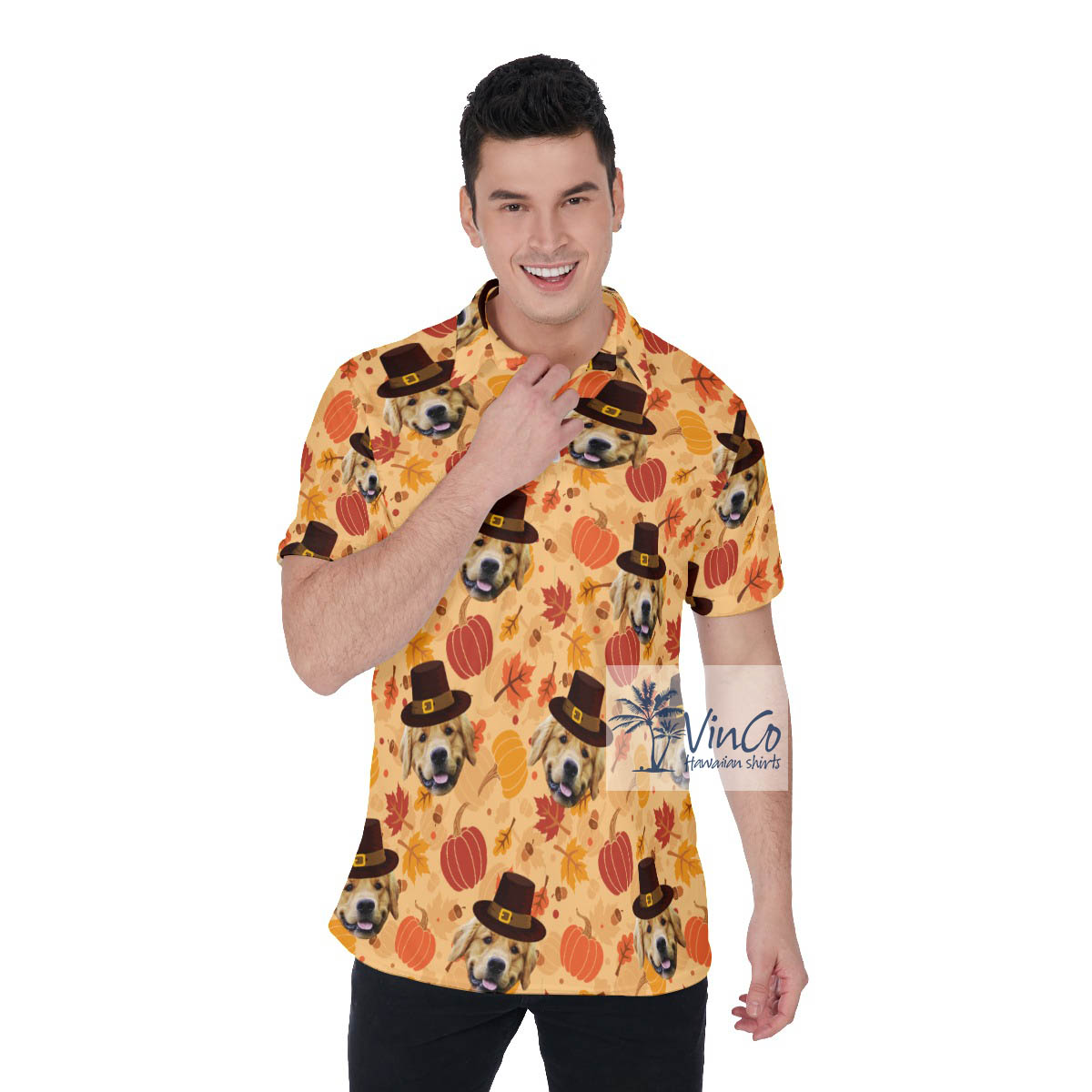 Custom Dog Face Thanksgiving Pumpkins Hawaiian Polo Shirt - variant image 1