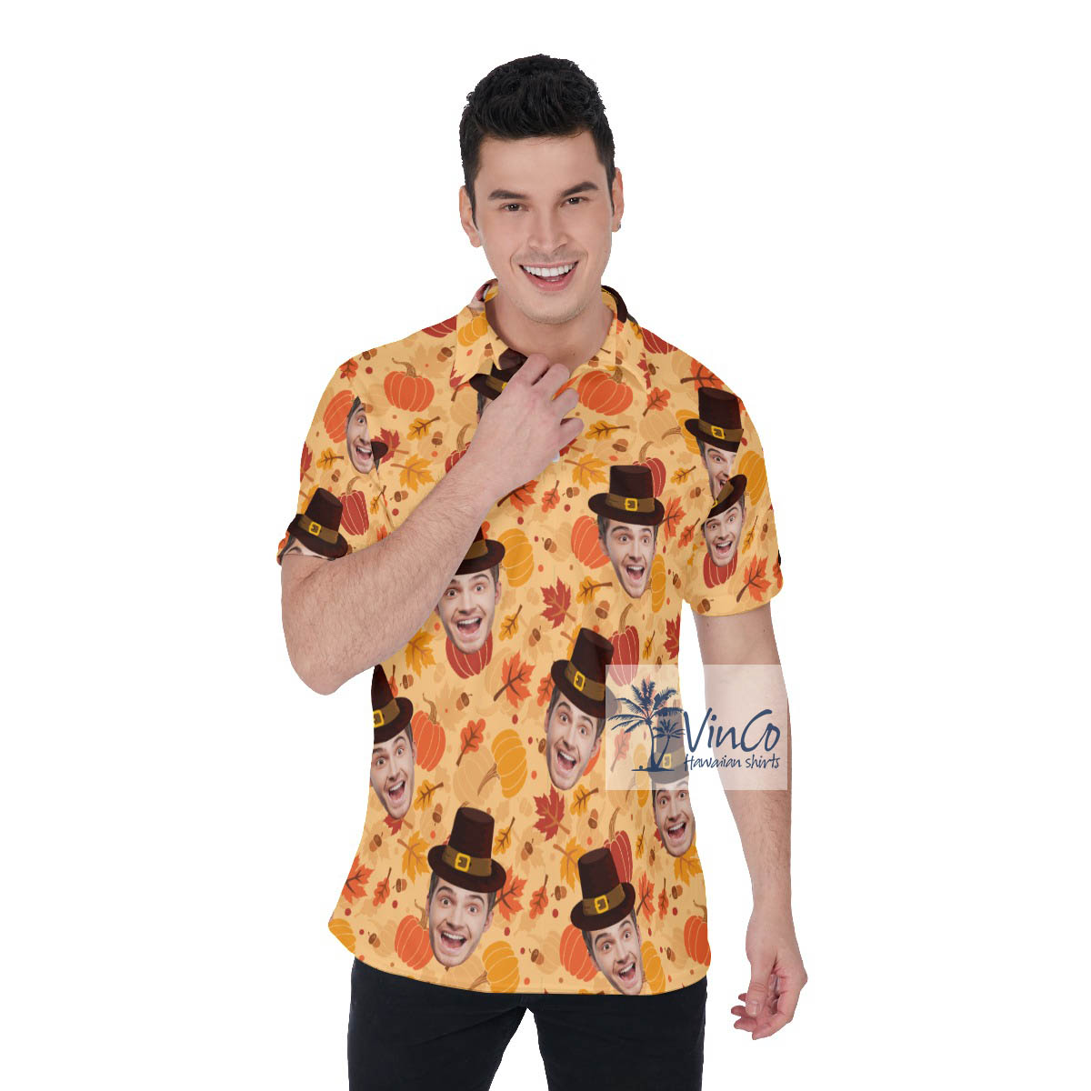 Funny Custom Face Pumpkins Hawaiian Polo Shirt - variant image 1