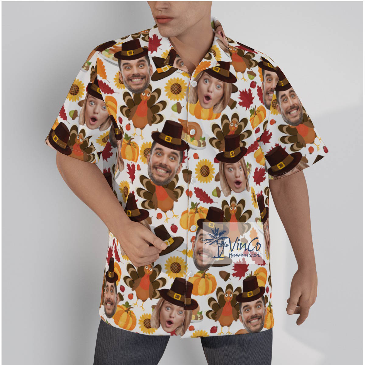 Thanksgiving Turkey Custom Couple Faces Hawaiian Shirt - variant image 1
