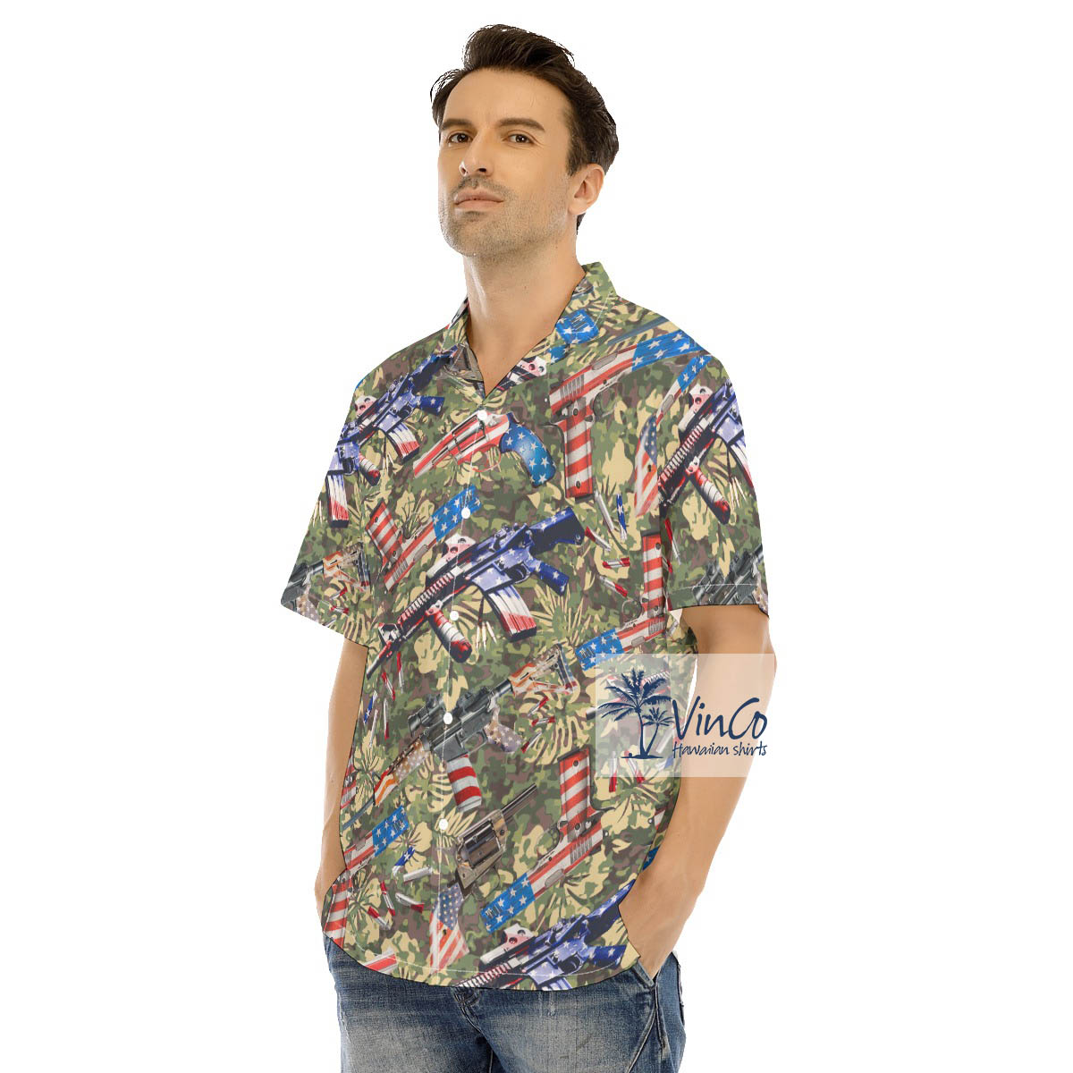 American Tactical Gun Camouflage Hawaiian Shirt For Men