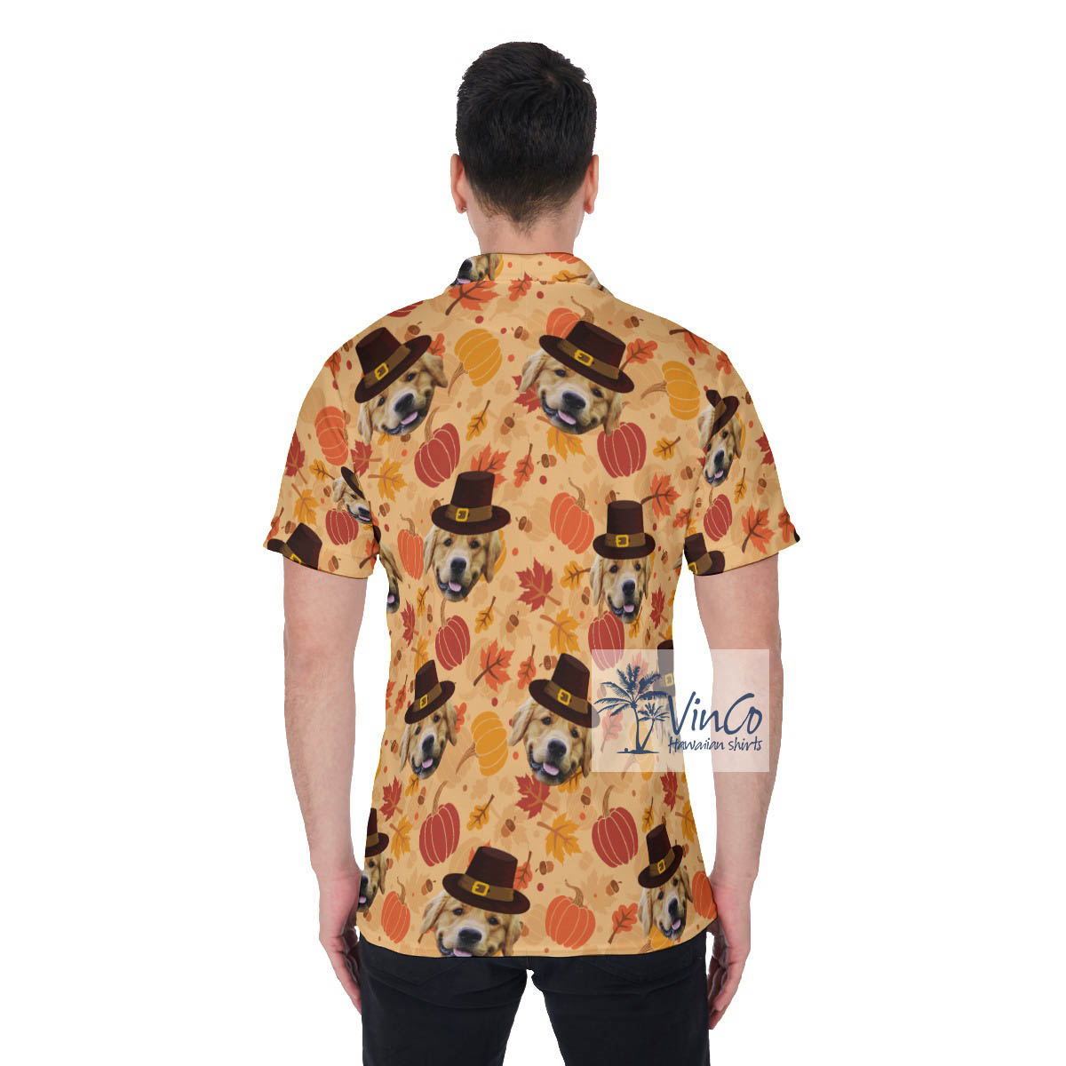 Custom Dog Face Thanksgiving Pumpkins Hawaiian Polo Shirt