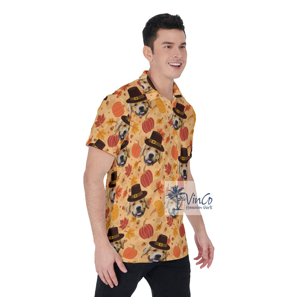Custom Dog Face Thanksgiving Pumpkins Hawaiian Polo Shirt