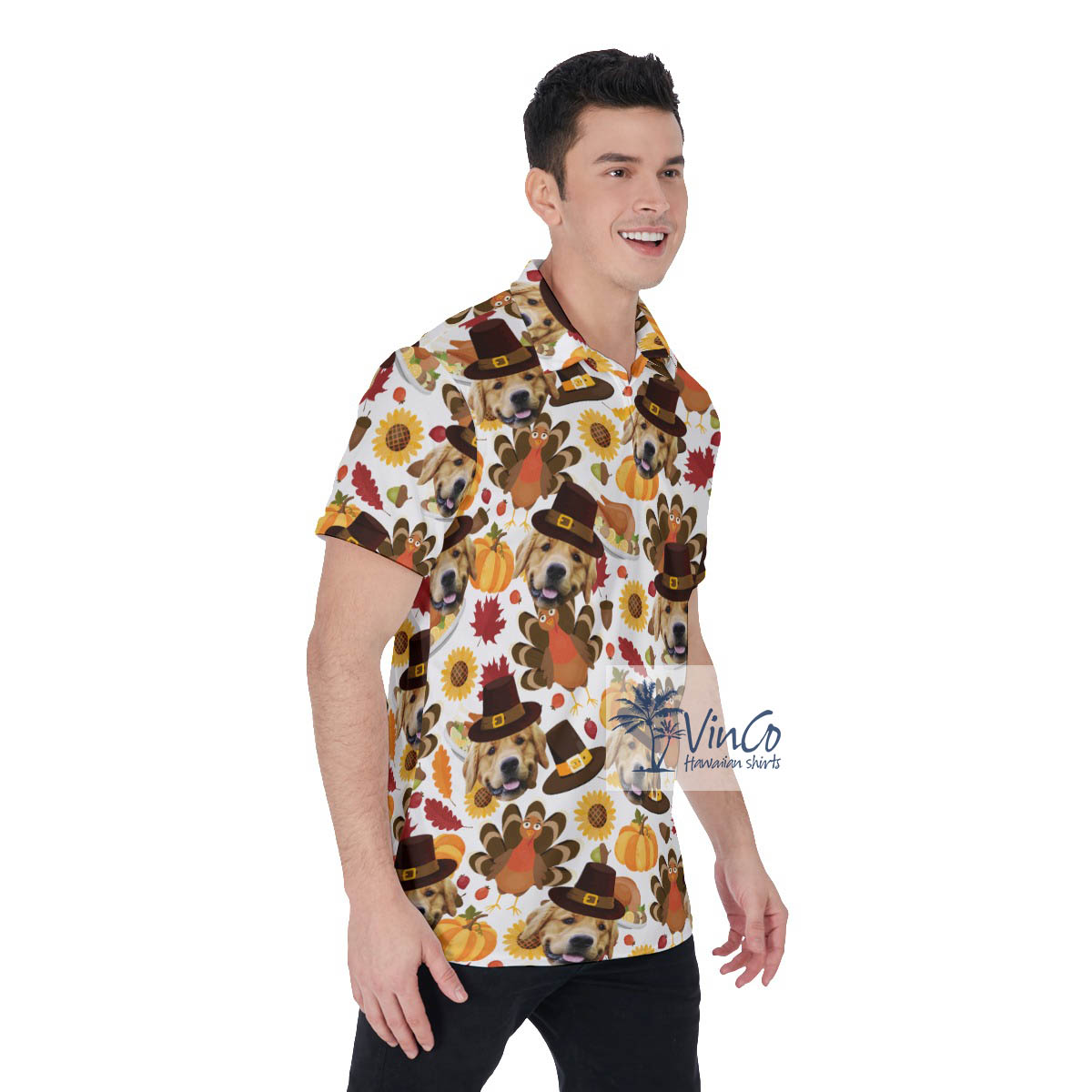 Funny Custom Dog Face Thanksgiving Turkey Hawaiian Polo Shirt