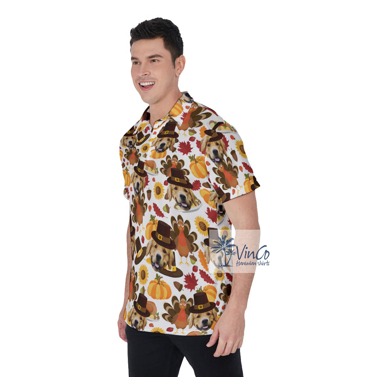 Funny Custom Dog Face Thanksgiving Turkey Hawaiian Polo Shirt
