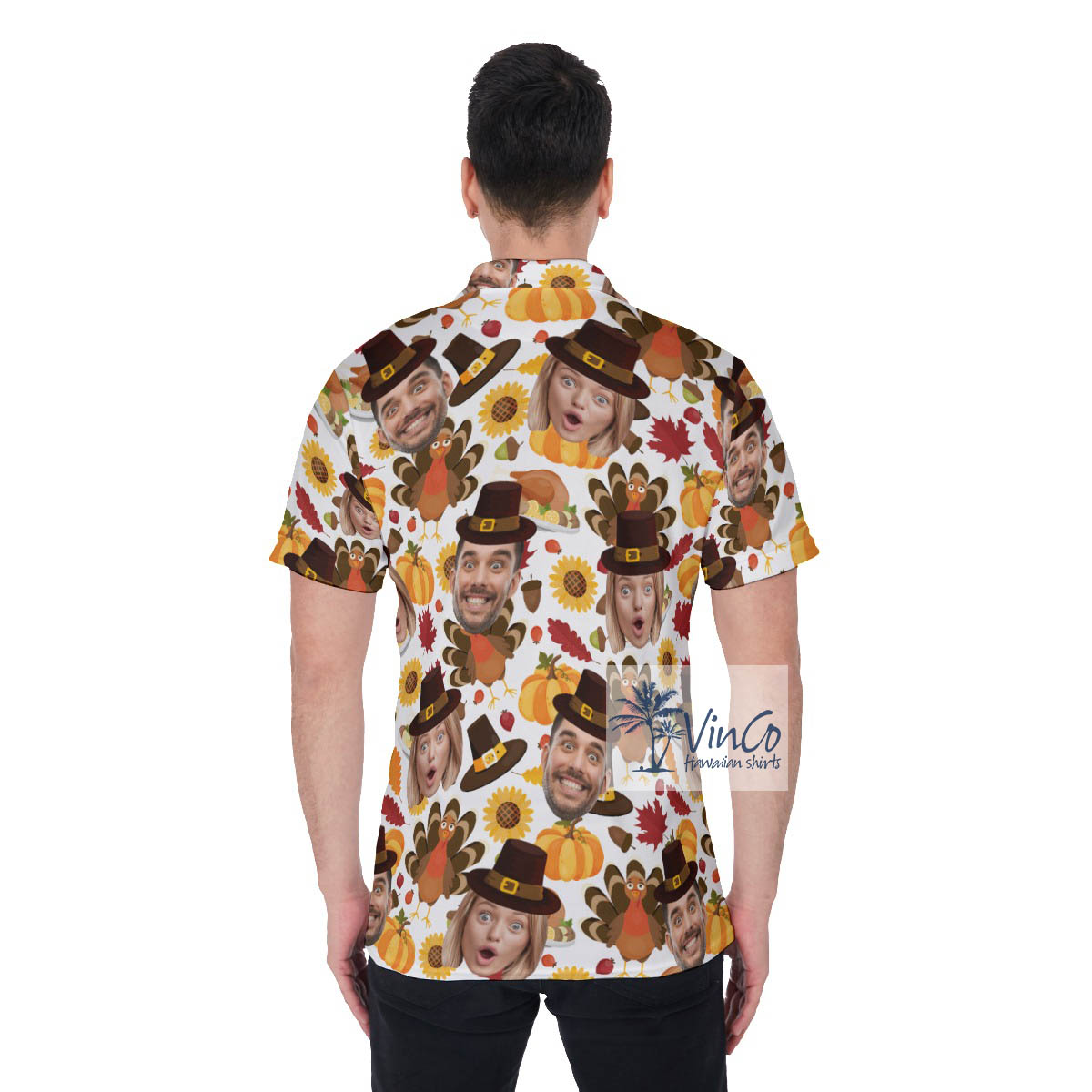 Funny Thanksgiving Turkey Hawaiian Polo Shirt With Custom Couple Faces