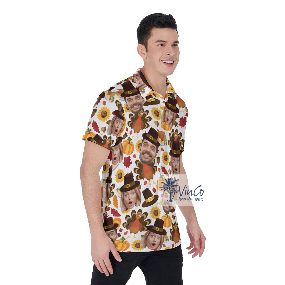 Funny Thanksgiving Turkey Hawaiian Polo Shirt With Custom Couple Faces