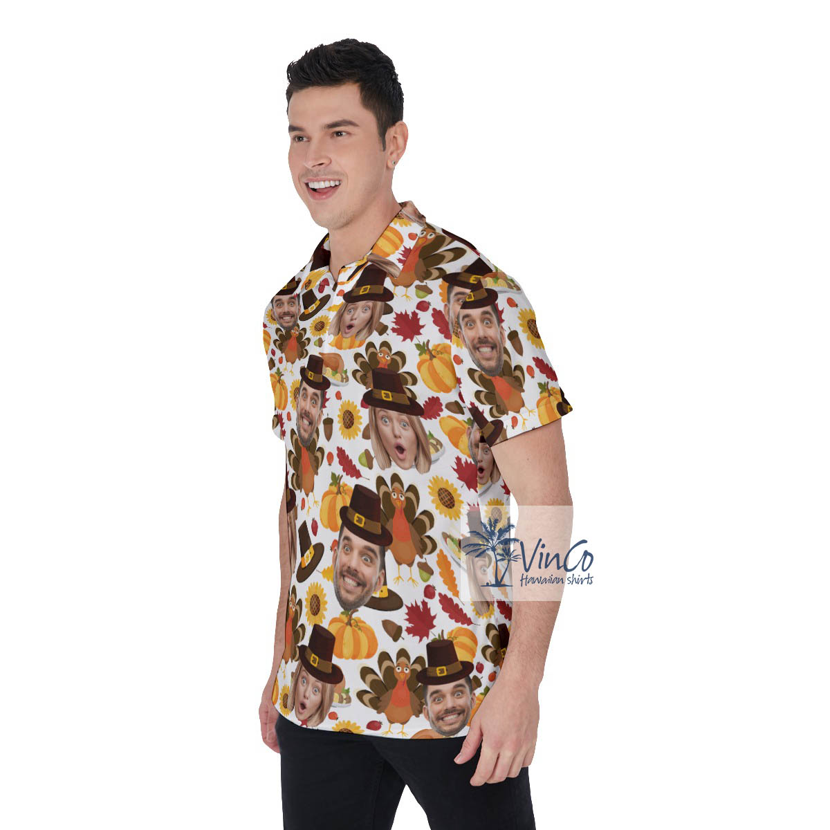 Funny Thanksgiving Turkey Hawaiian Polo Shirt With Custom Couple Faces